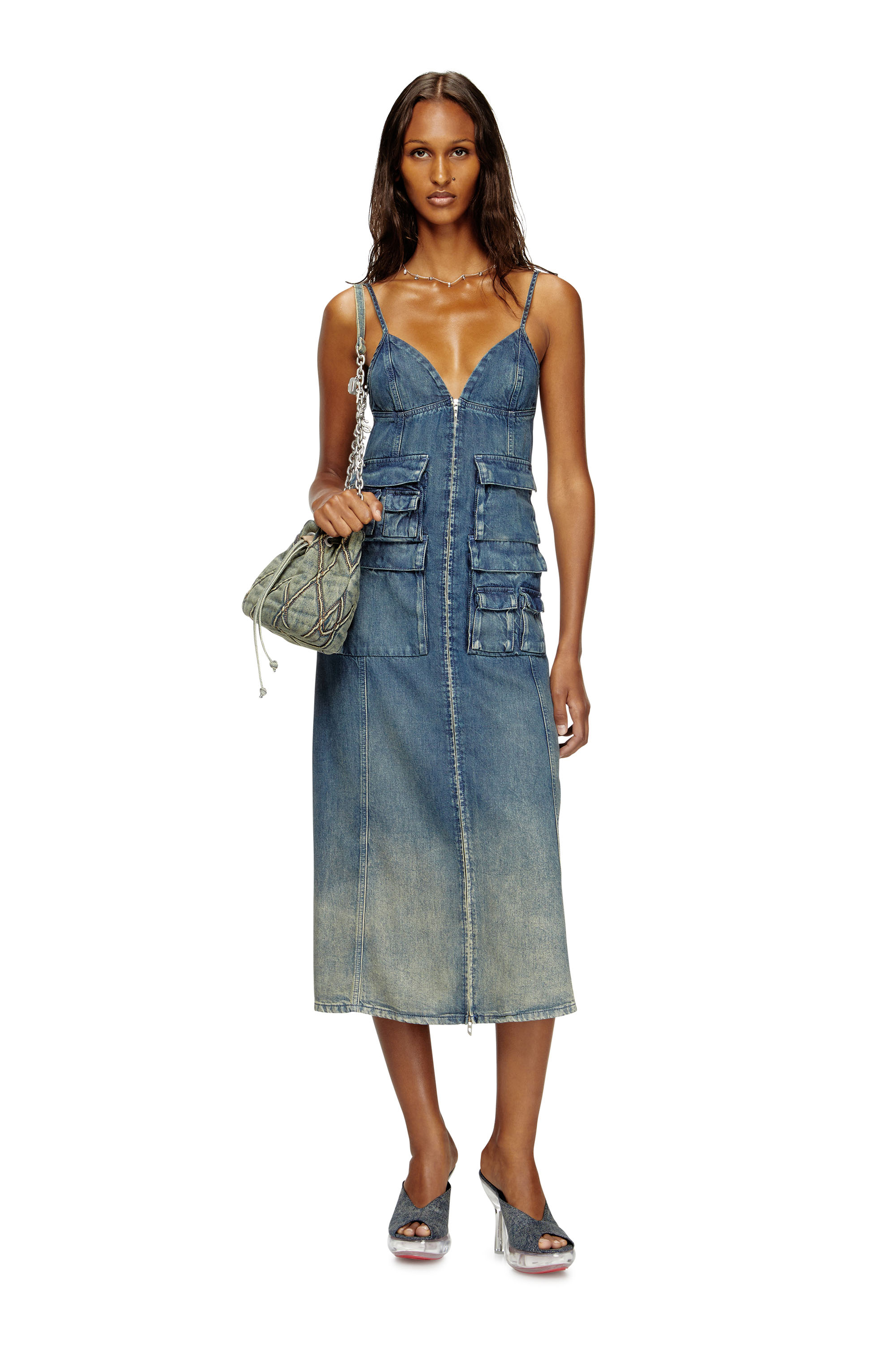 Diesel - DE-MELVI-S, Woman's Dress in fluid laser-worn denim in Medium blue - 1