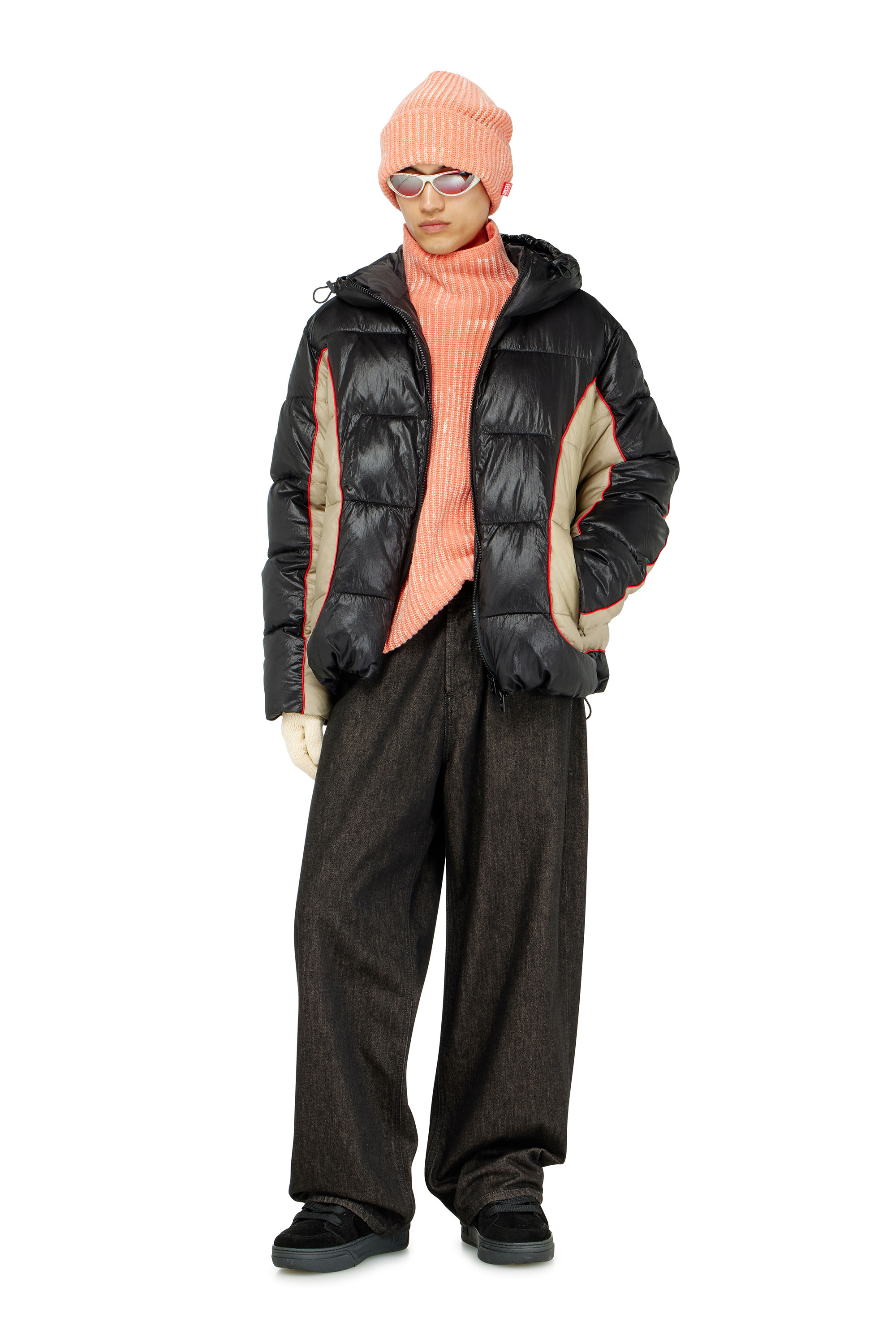Diesel - W-OSTEND, Man's Hooded puffer jacket in shiny ripstop in Black/Beige - 2