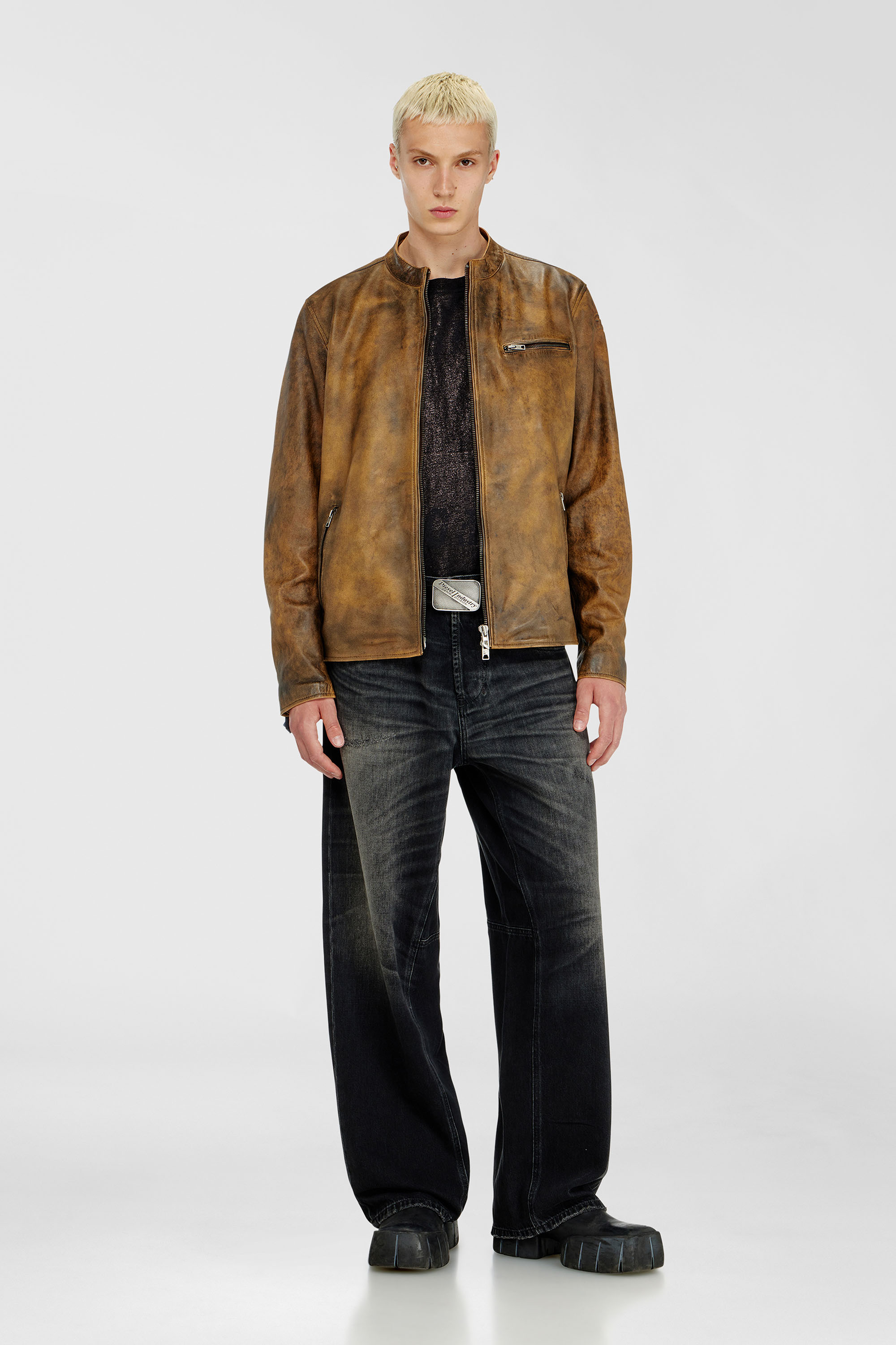 Diesel - L-ZAD-KNCZ, Man's Biker jacket in treated leather in Light Brown - 1