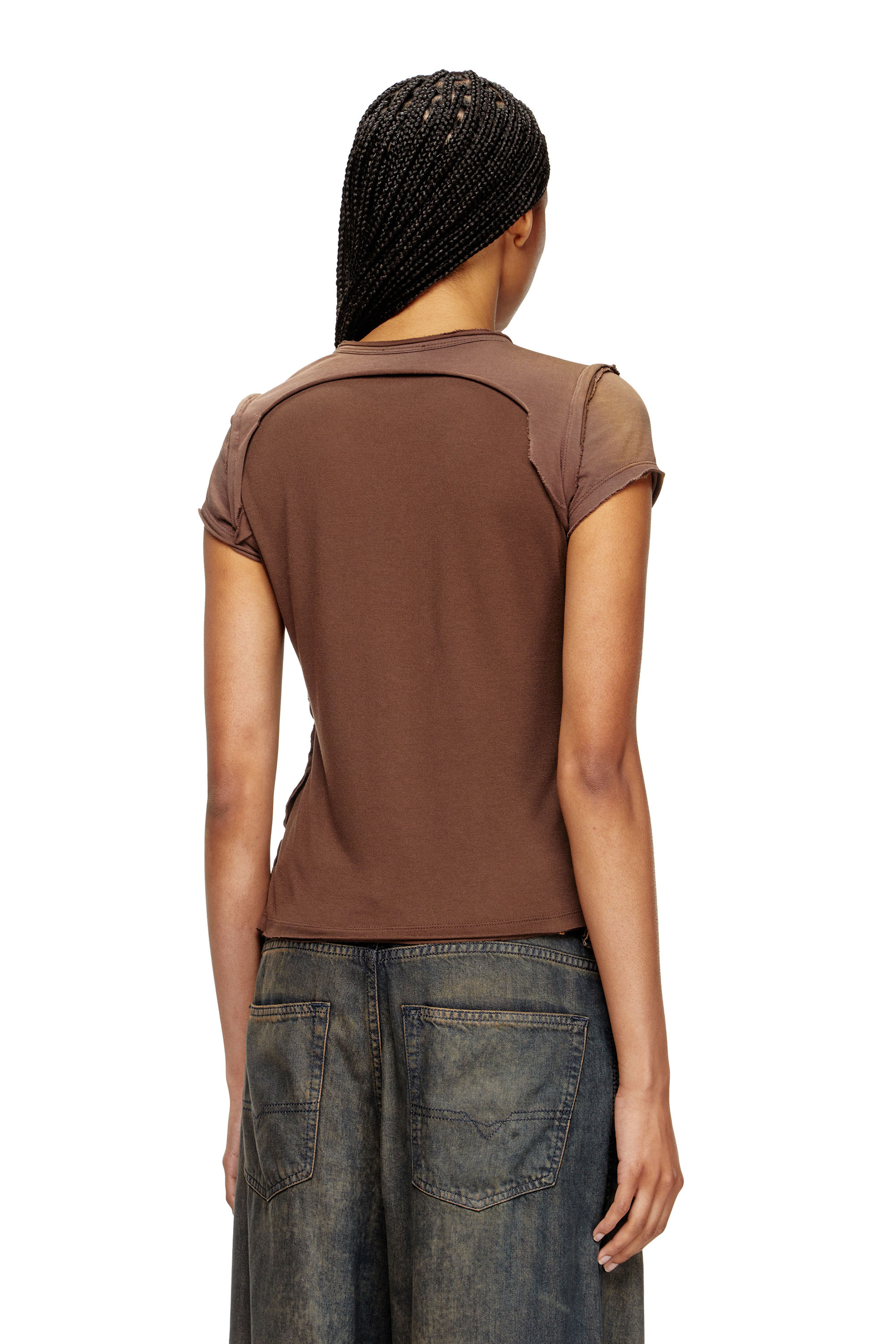 Diesel - T-UNRAWY, Woman's Henley T-shirt with peel-off effect in Brown - 4
