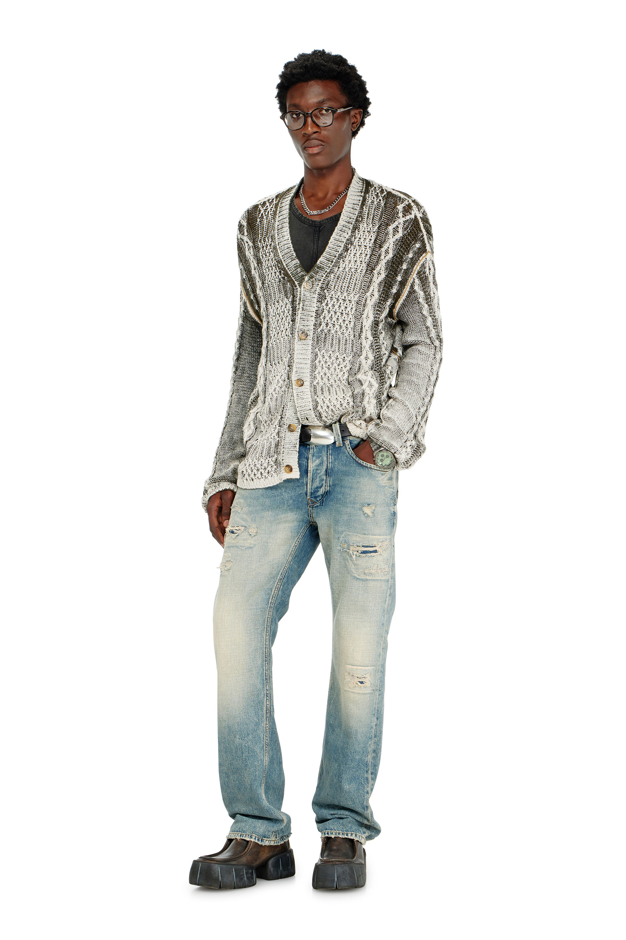 Diesel - K-MIOTO, Man's Treated cable-knit cardigan in White/Grey - 2