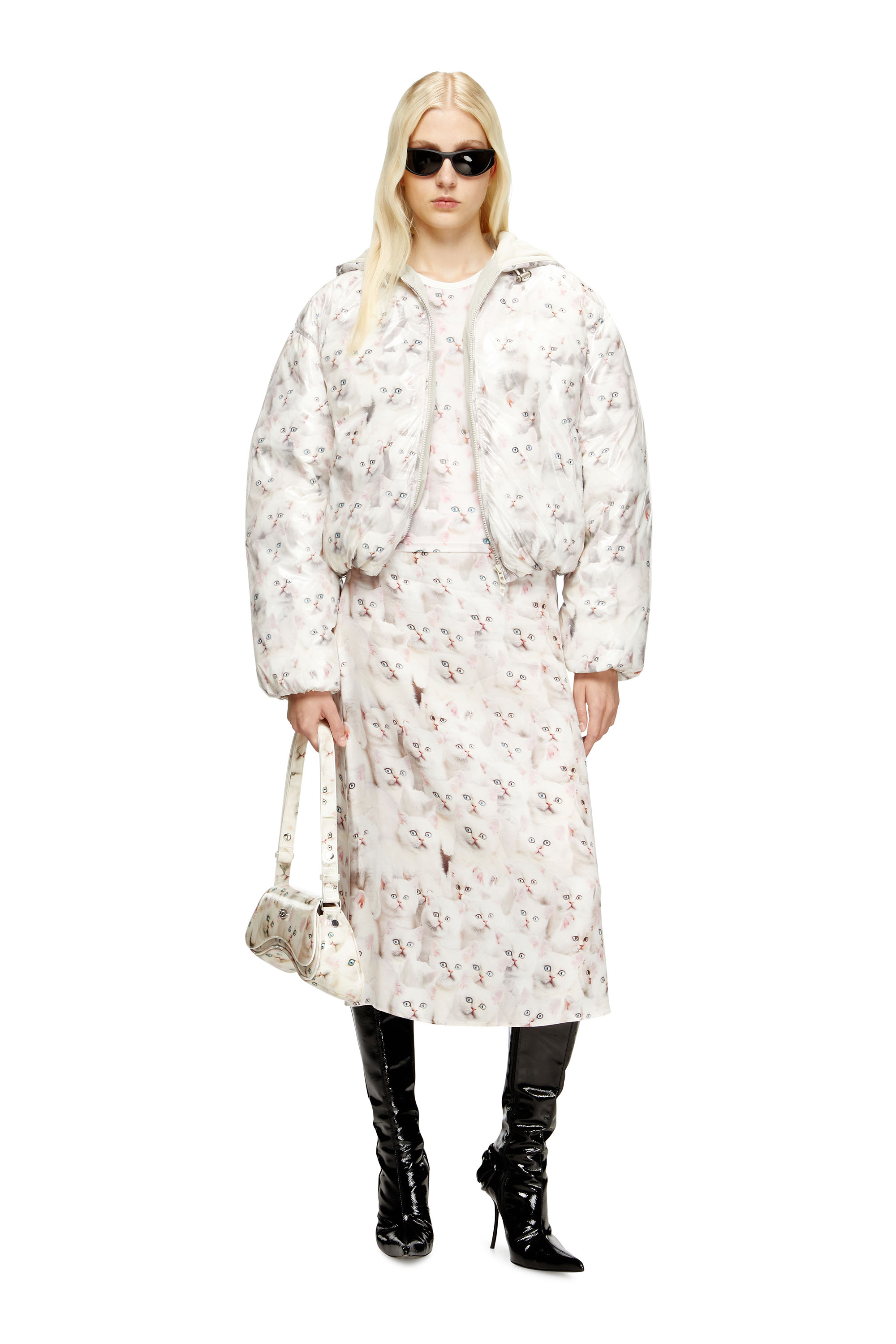 W-INNER-R1, White Diesel - W-INNER-R1, Woman's Padded jacket with cat print in White - 1