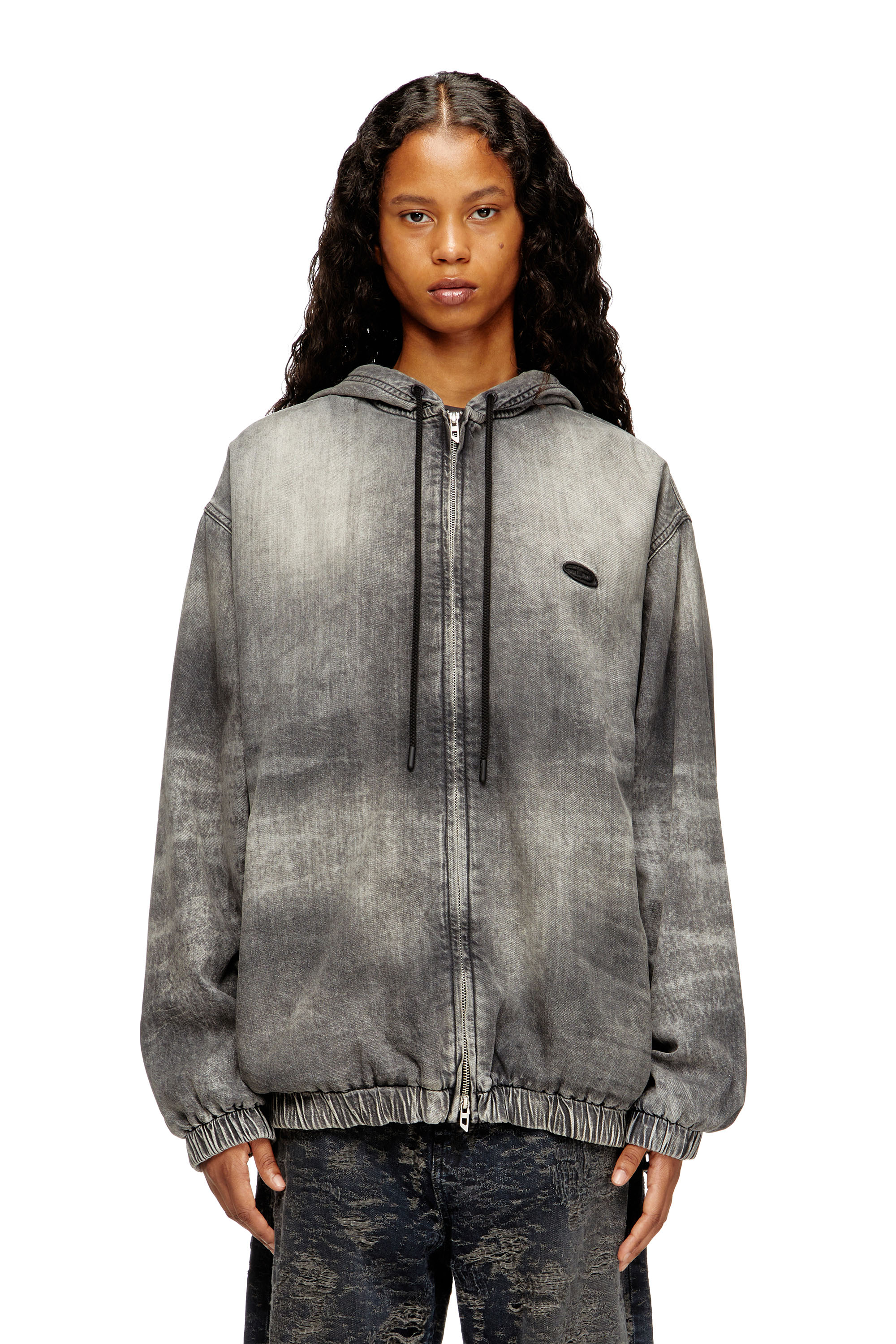 Diesel - D-OFFY-S, Unisex's Hooded jacket in marbled coated denim in Black/Dark grey - 1