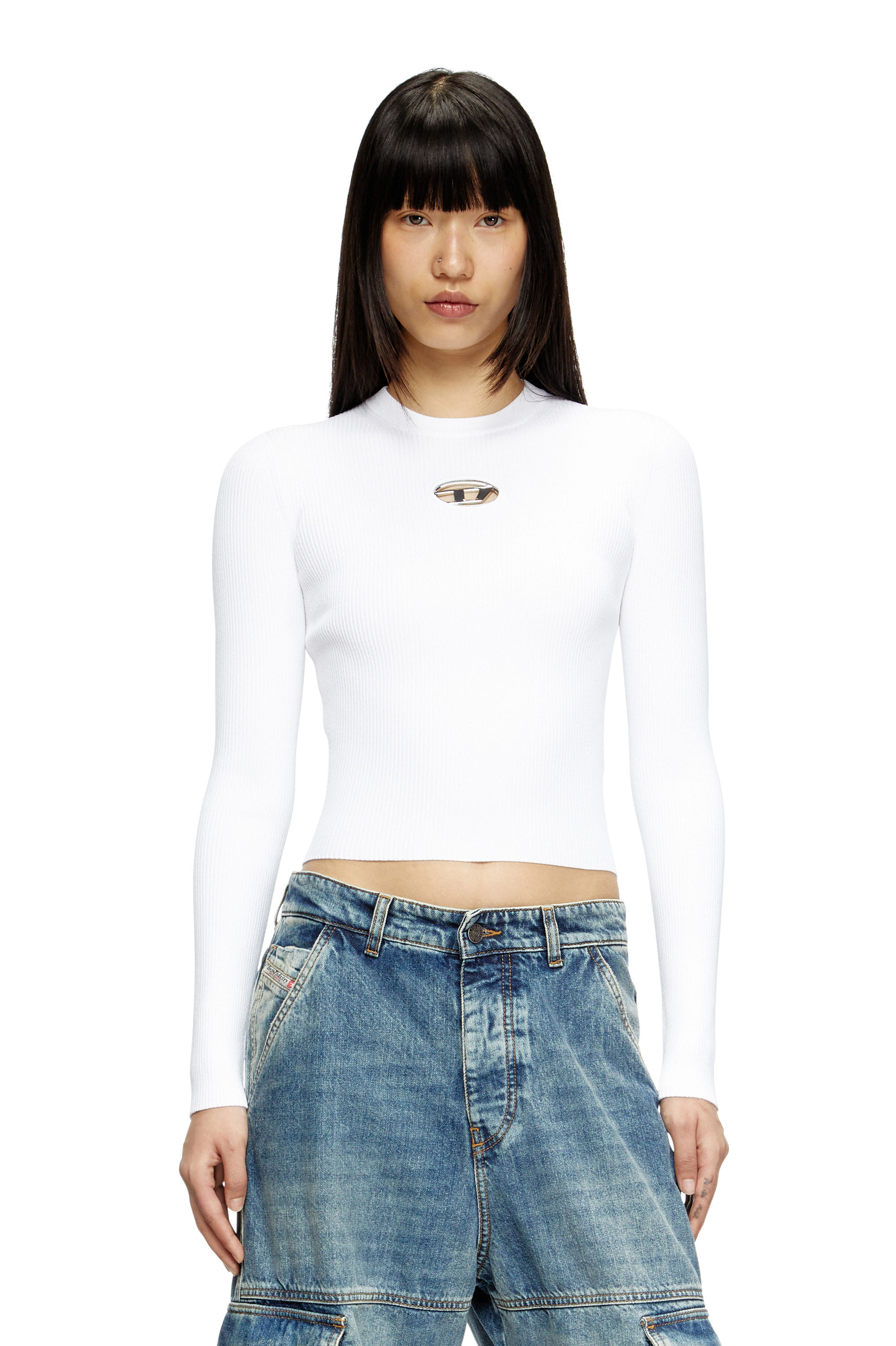 Diesel - M-VALARI, Woman's Rib-knit viscose-blend top with Oval D in White - 1