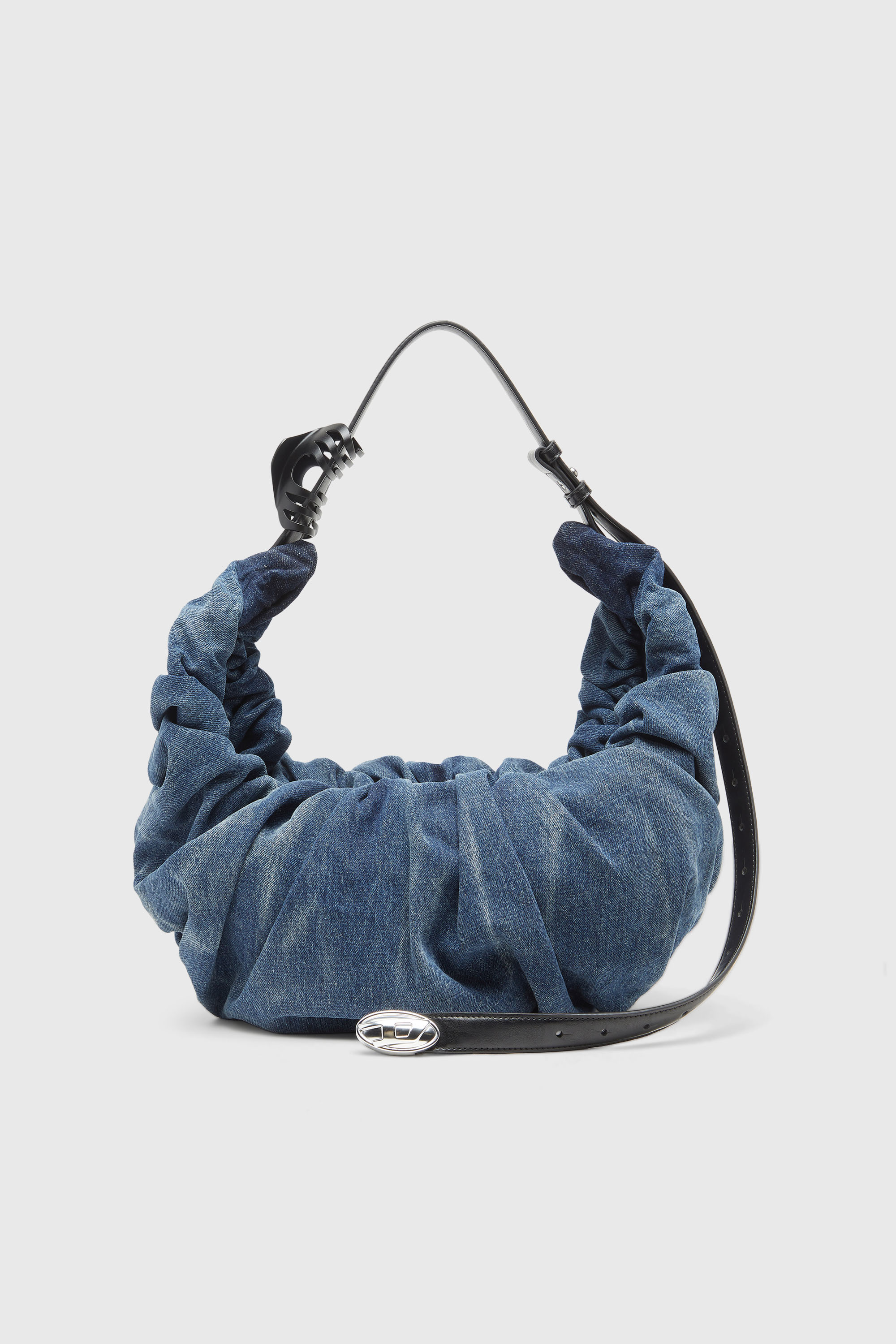 Diesel - GRAB-D HOBO L, Woman's Grab-D-Large scrunched hobo bag in treated denim in Medium blue - 1