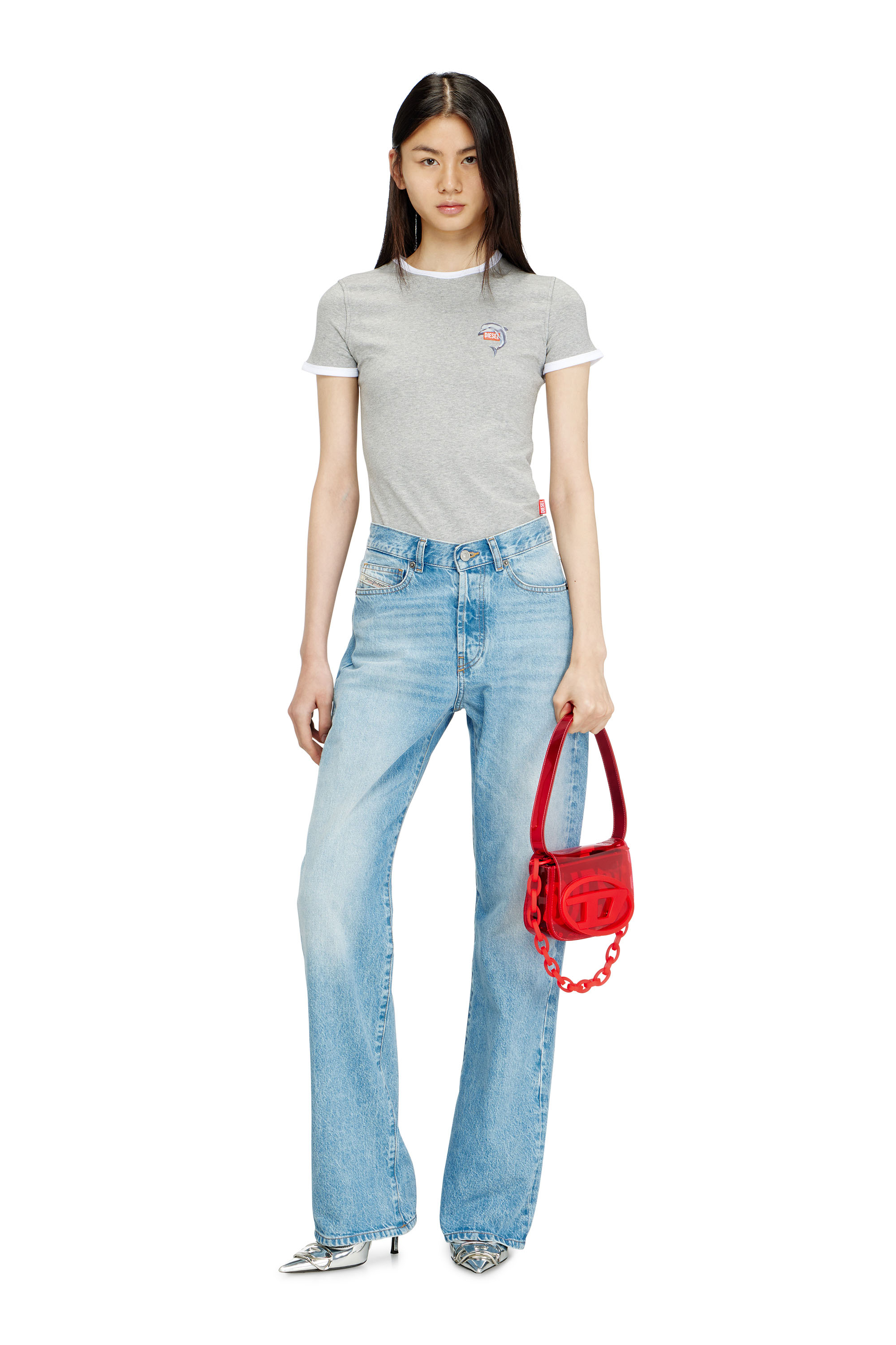 Diesel - T-UNCUTIES-LONG-S13, Woman's Slim ring T-shirt with dolphin print in Grey - 1