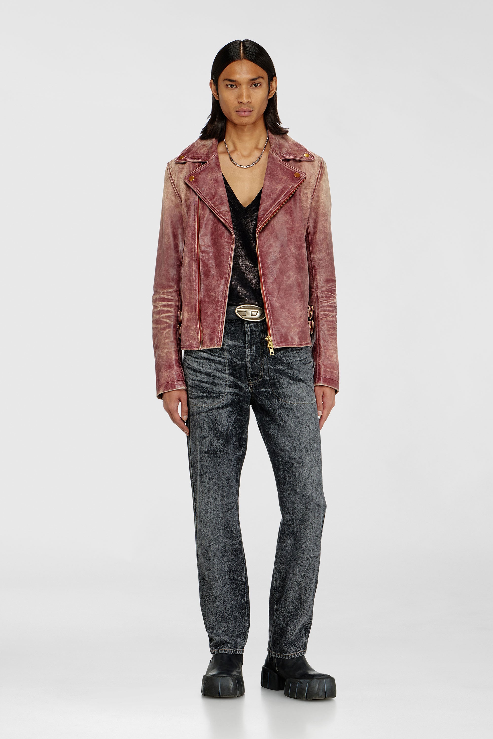 Diesel - L-EON-CJCM, Man's Biker jacket in treated leather in Brown - 1