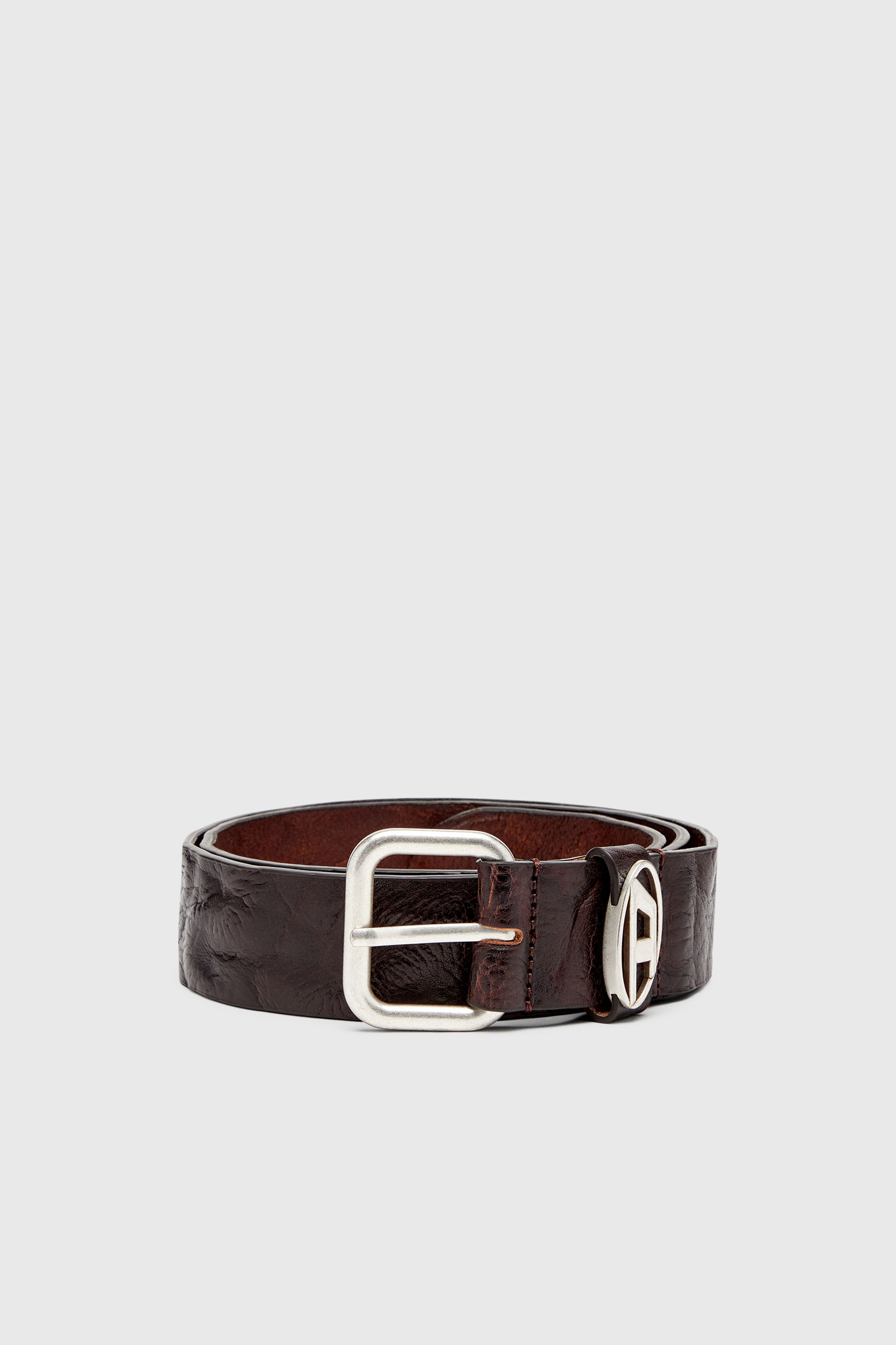 Diesel - B-1DR OVAL D LOOP, Unisex's 3.9cm logo-plaque wrinkled leather belt in Dark Brown - 1