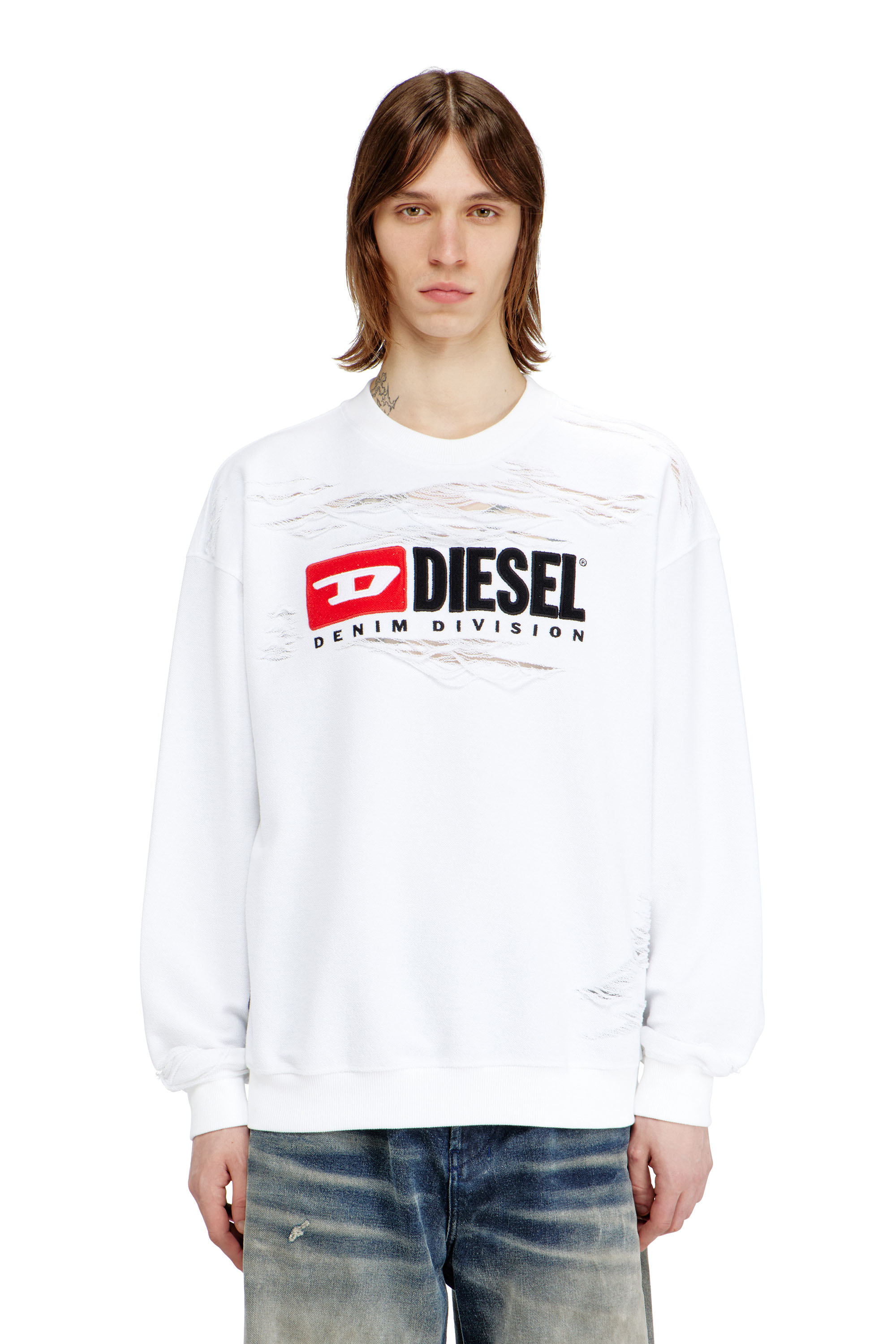 Diesel - S-BOXT-V1, Man's Sweatshirt with devor&egrave;e floating threads in White - 1
