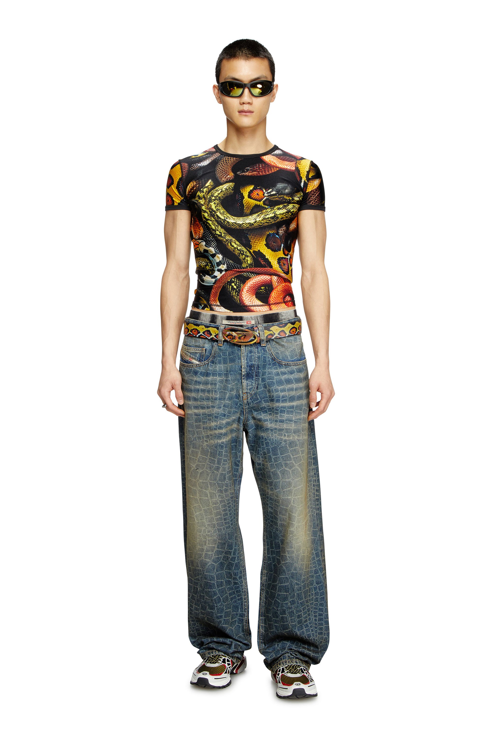 Diesel - CL-T-UNCLE-SNAKE, Unisex's Lycra T-shirt with all-over snake print in Black/Yellow - 3