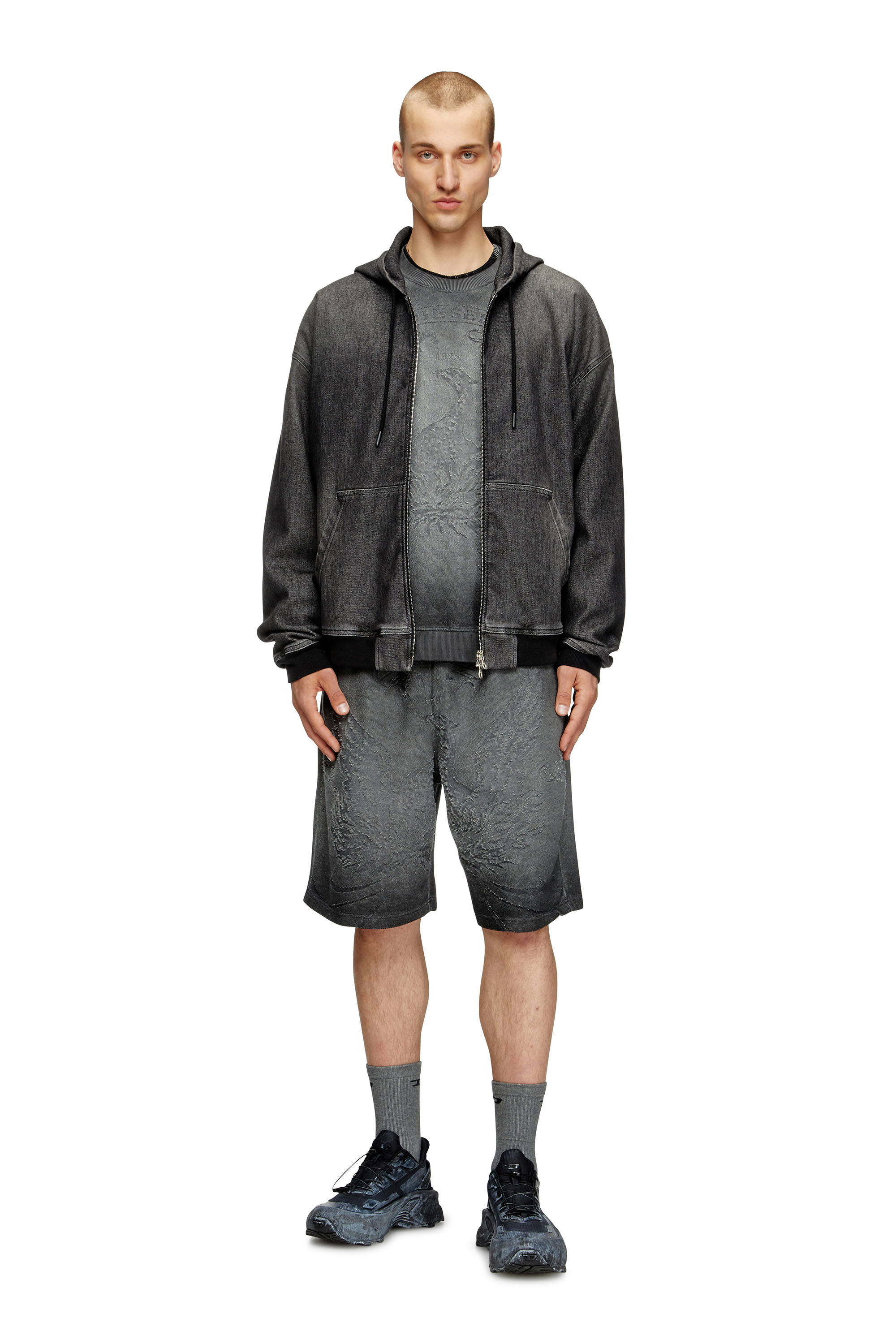 P-CROWDE, Dark grey Diesel - P-CROWDE, Man's Sweat shorts with phoenix devoré in Dark grey - 1