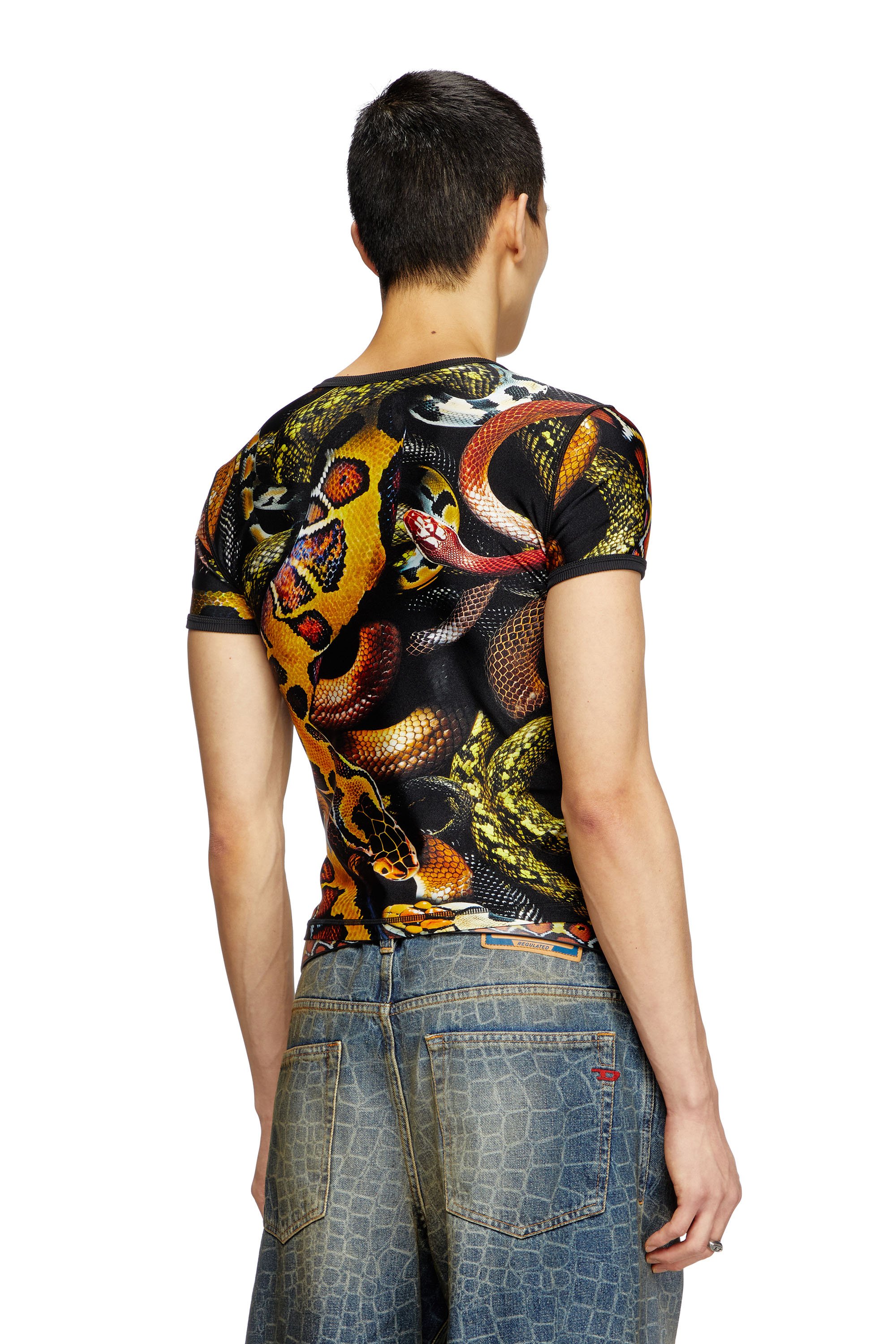 Diesel - CL-T-UNCLE-SNAKE, Unisex's Lycra T-shirt with all-over snake print in Black/Yellow - 5