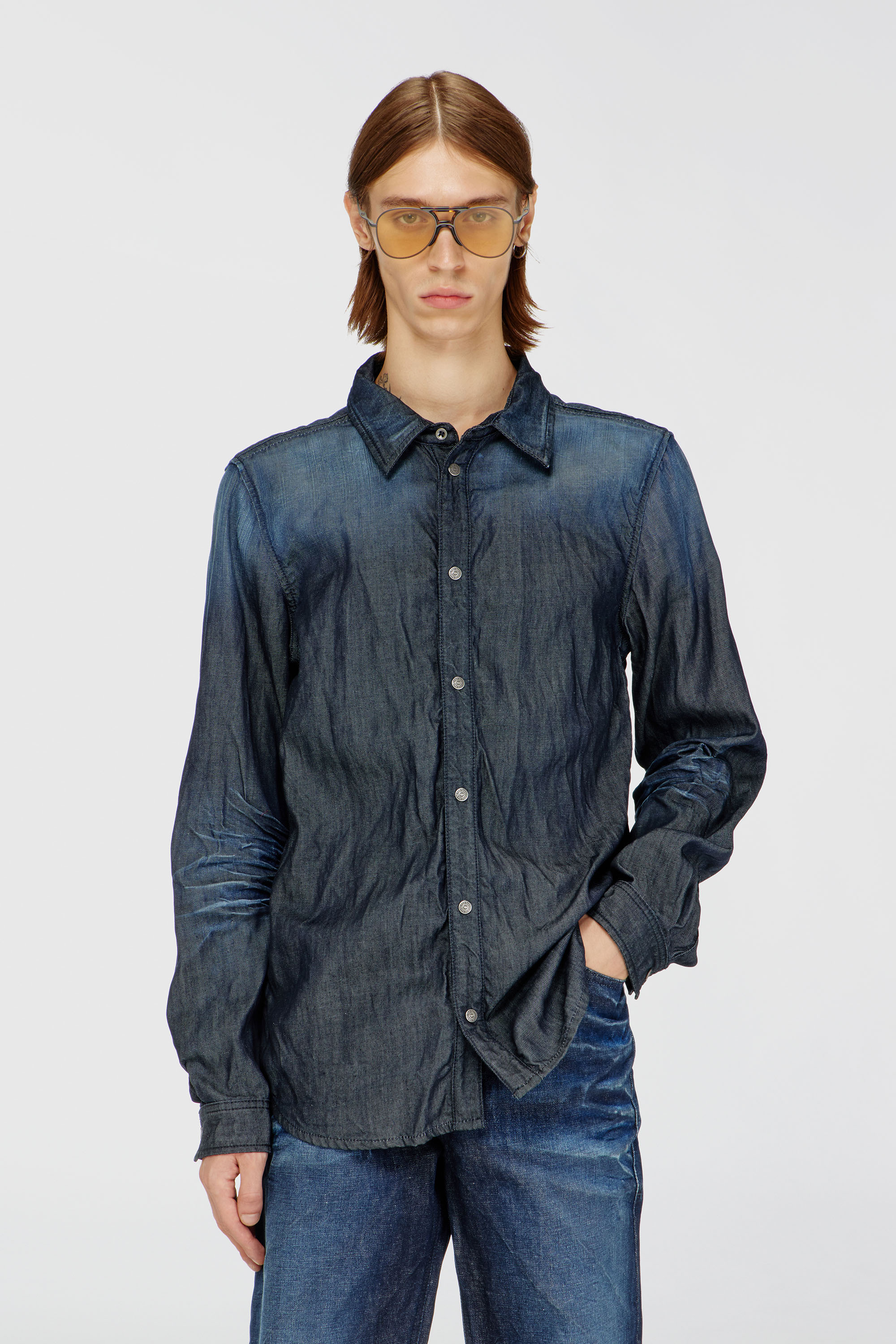Diesel - D-SYNAR-FSJ1, Man's Shirt in creased denim in Dark Blue - 2