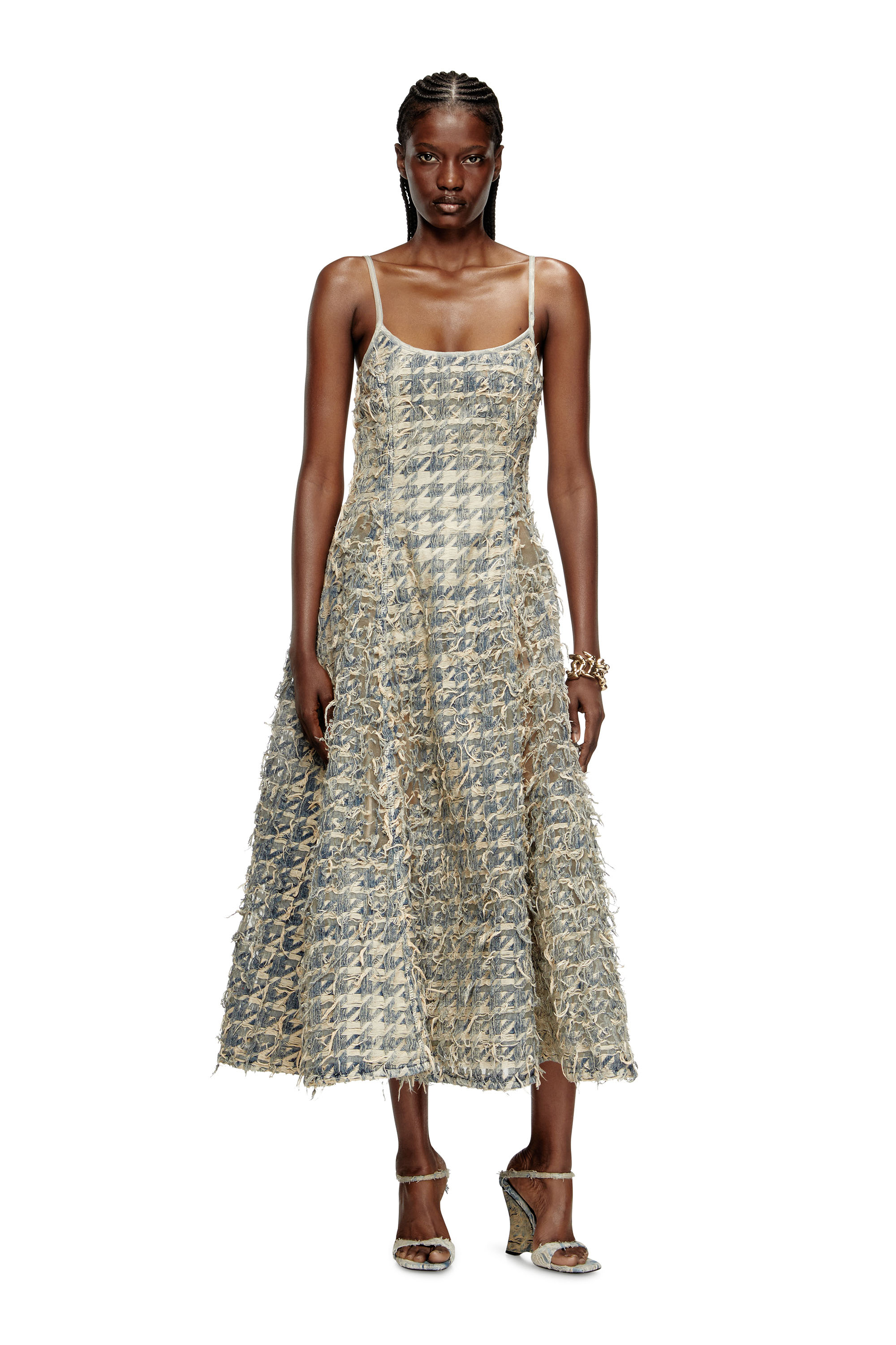 Diesel - DE-SWEENEY-LONG-FSH, Woman's Long skirt in dévoré houndstooth denim in Light Blue - 3