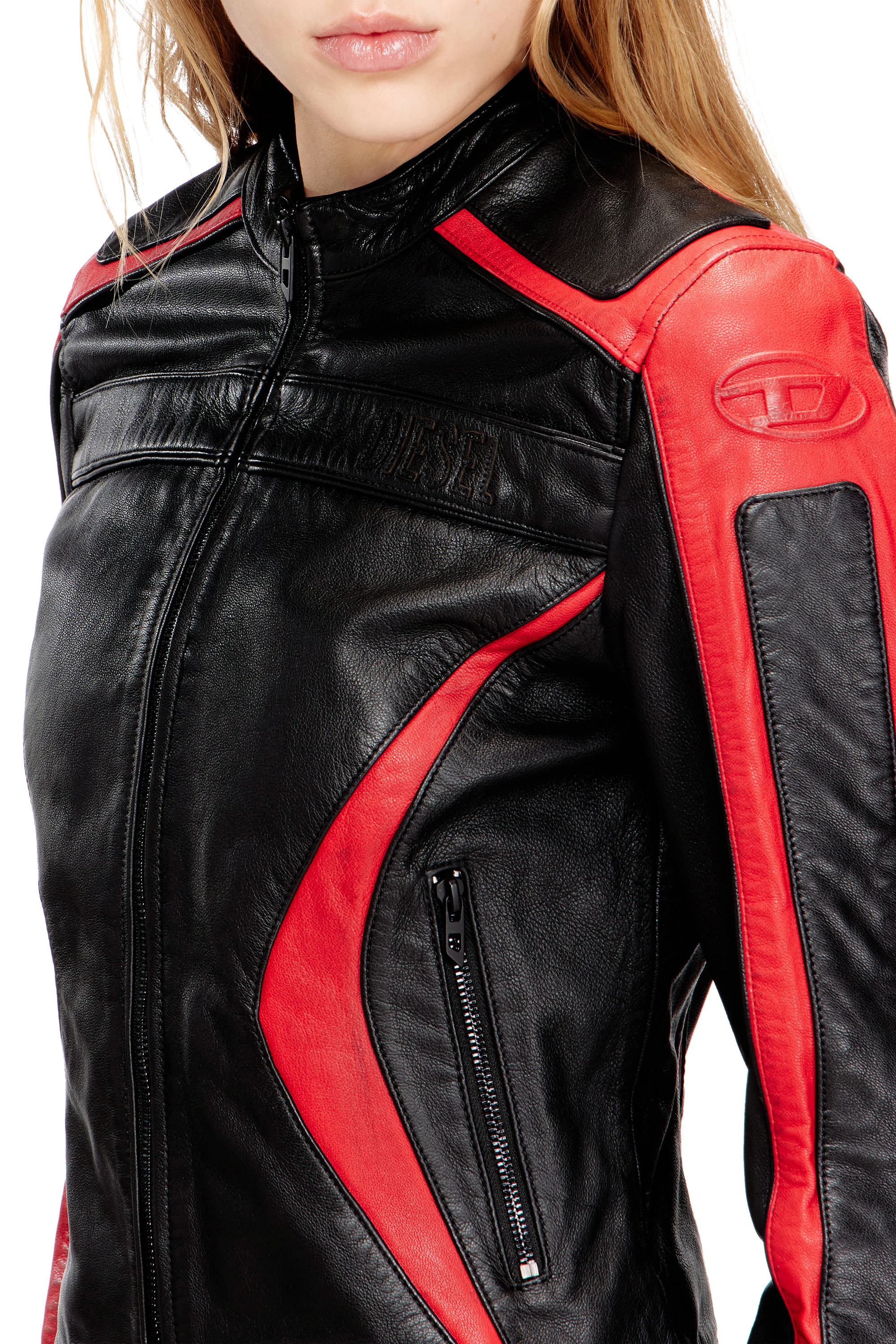 Diesel - L-OVABLE, Woman's Biker jacket in colour-block leather in null - 5