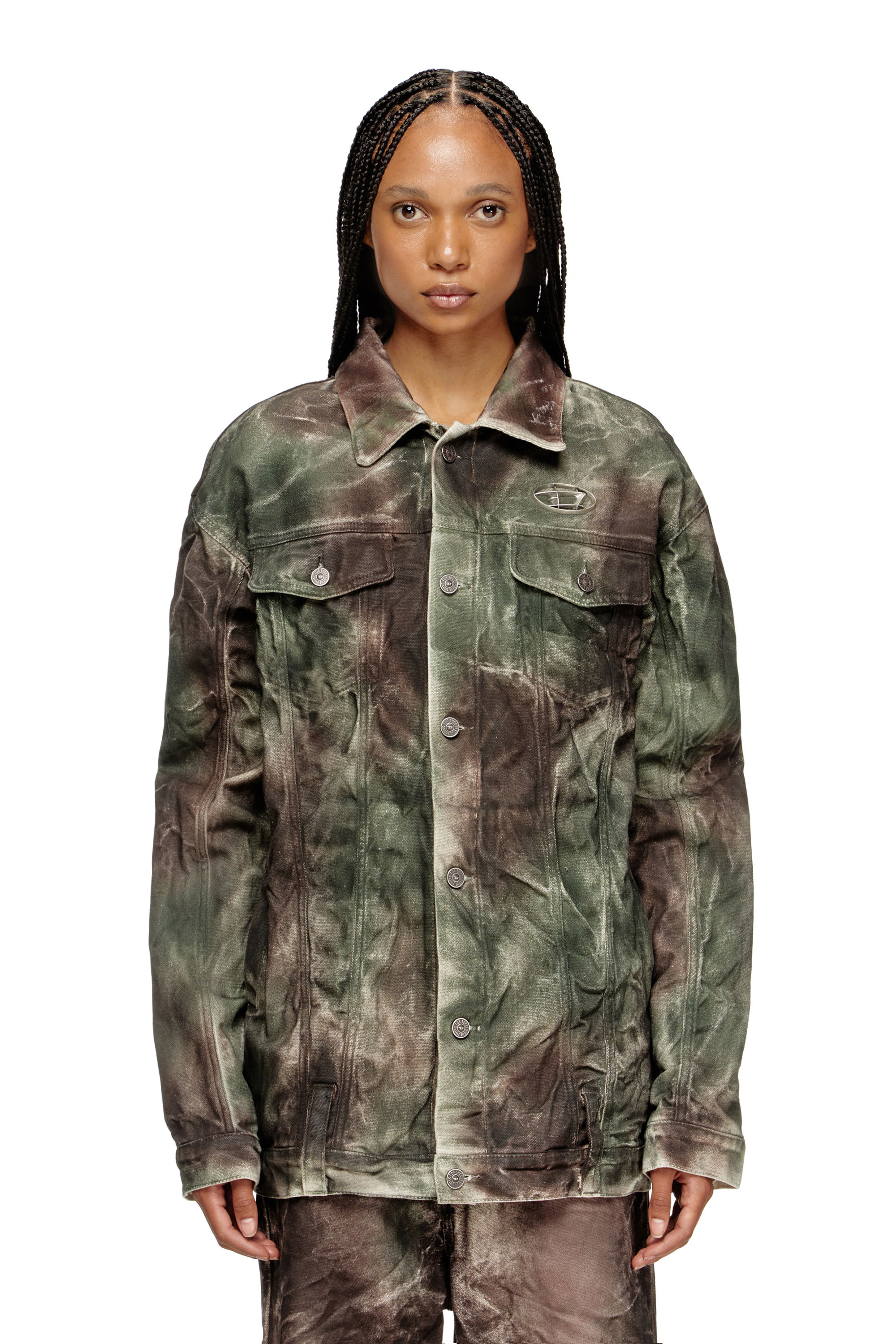 Diesel - J-THUG-JKT, Unisex's Trucker jacket in crinkled camo canvas in Brown/Green - 6