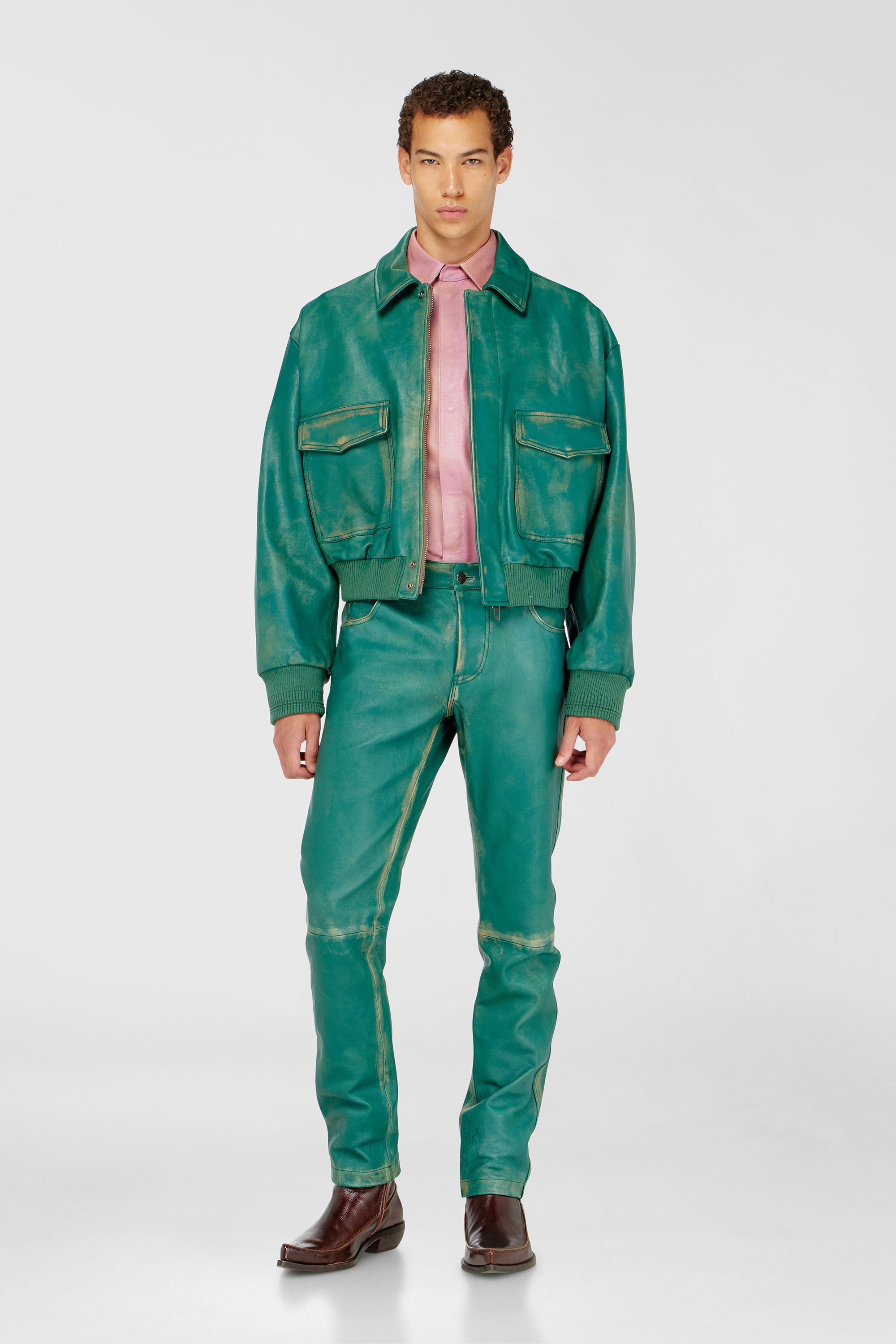 Diesel - P-OCKET, Man's Pants in treated leather in Dark Green - 1