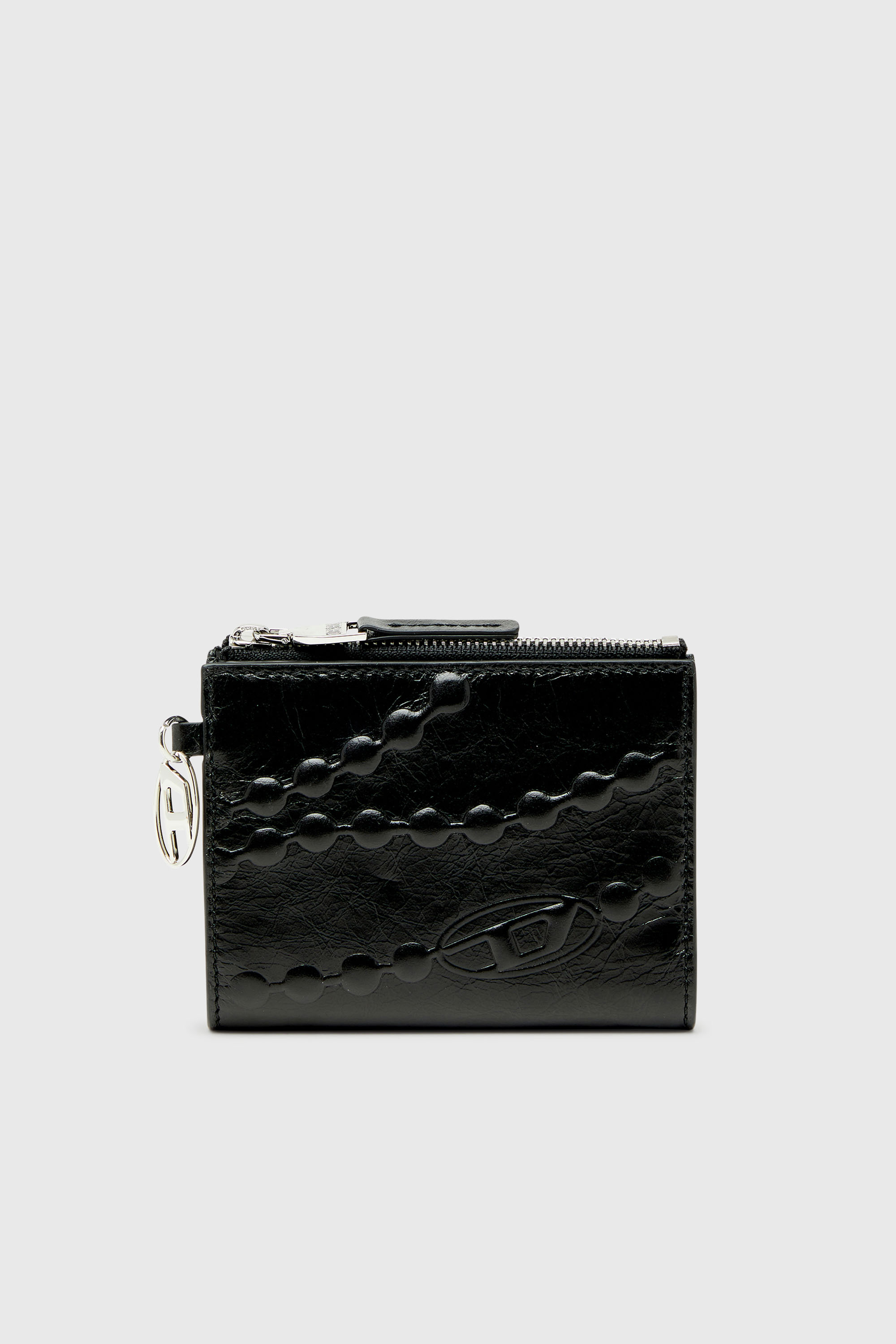 Diesel - OVAL-D BI FOLD ZIP II, Woman's Leather bi-fold wallet with embossed chain motif in Black - 1