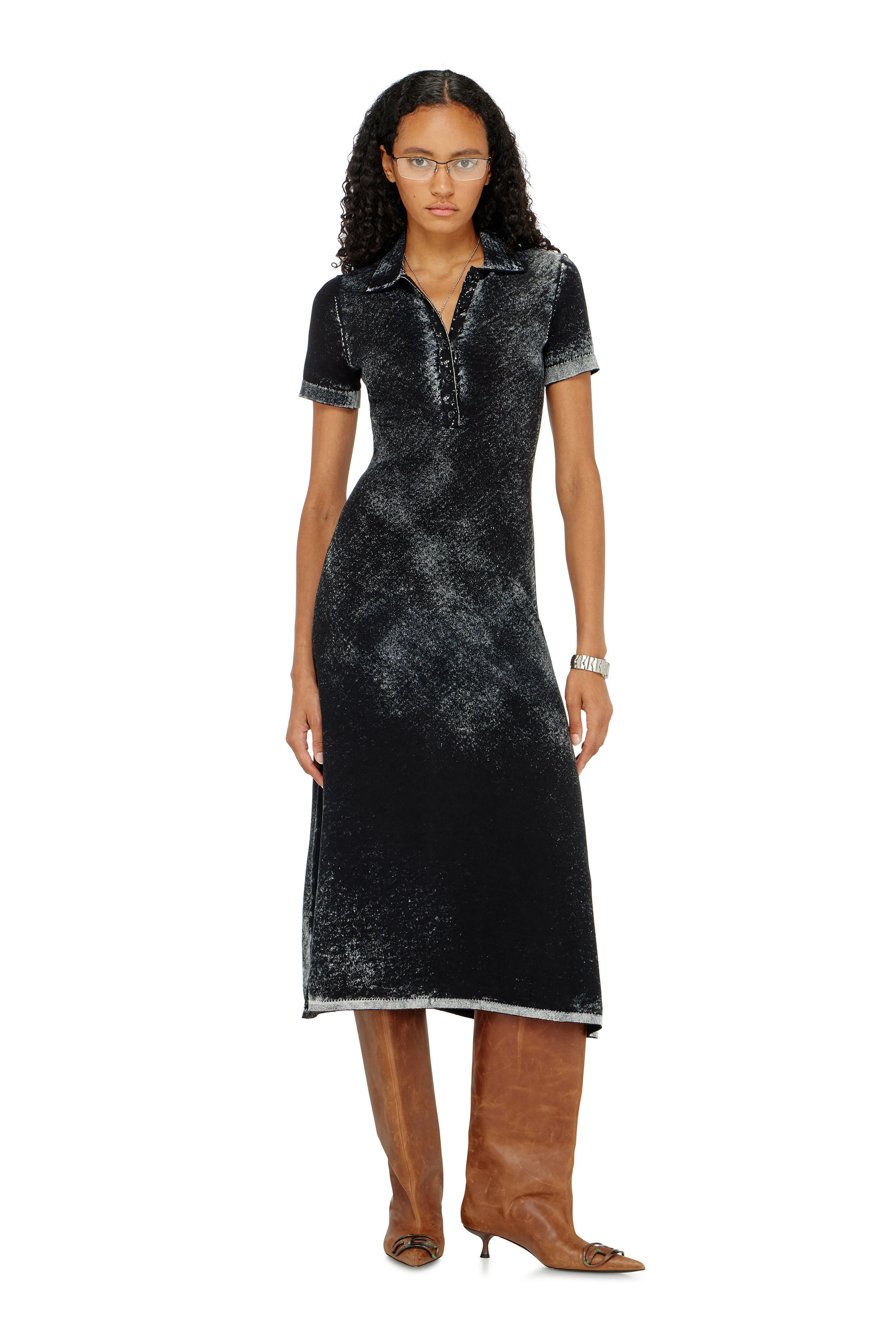 Diesel - M-LOURENS, Woman's Midi polo dress in reverse-printed knit in Black - 3