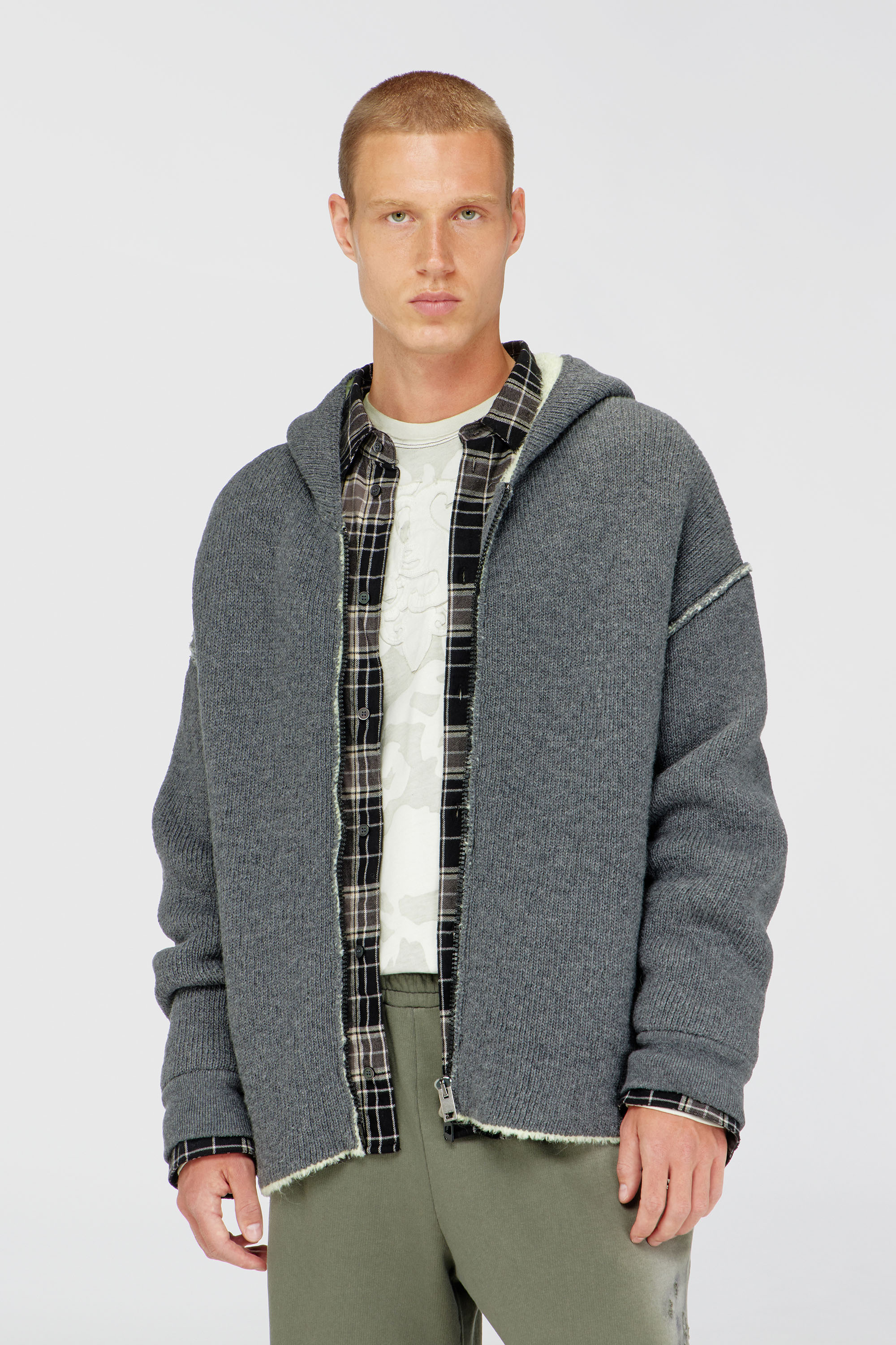 Diesel - K-BOUBBY, Man's Zip-up hoodie in dual-texture knit in Grey - 1