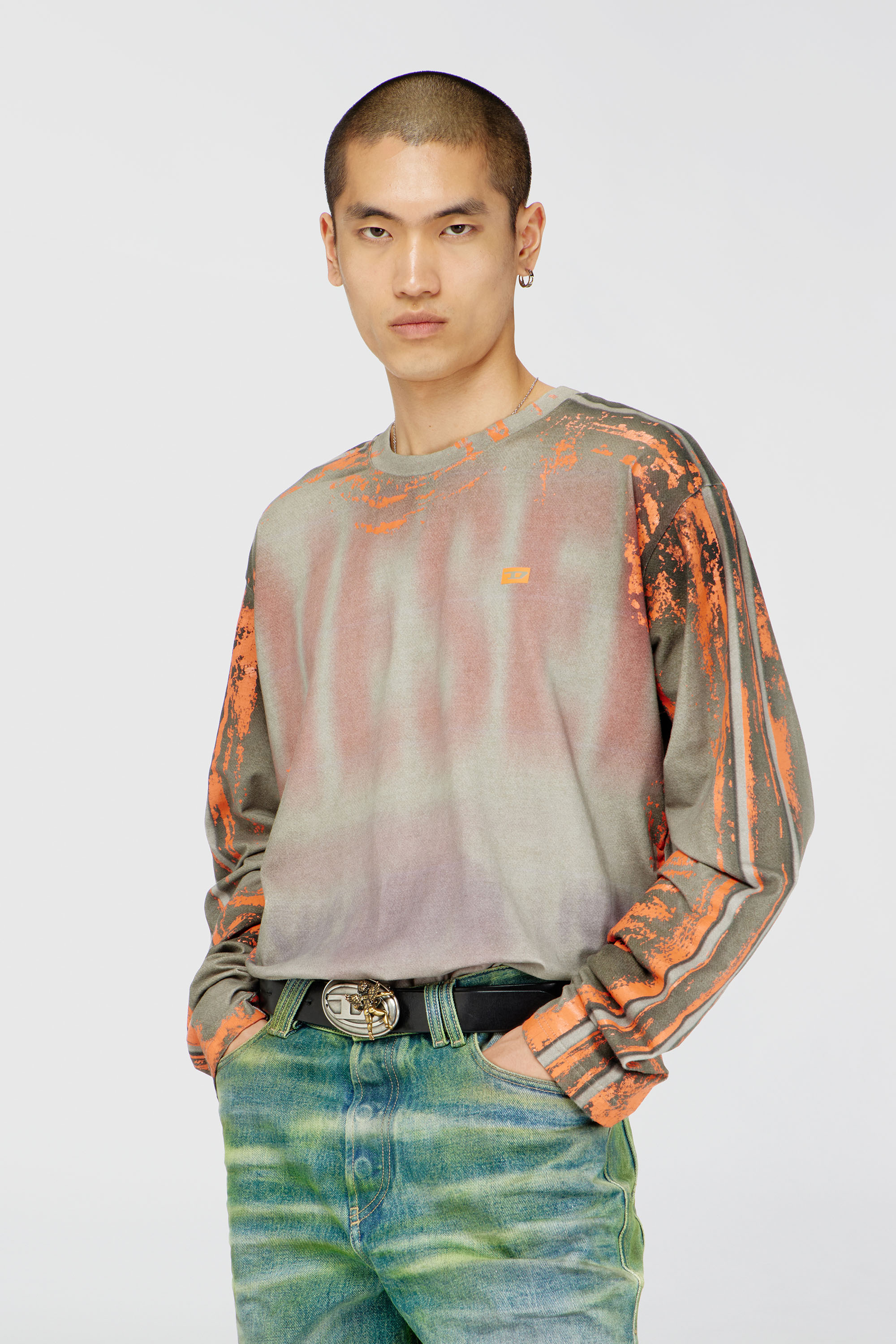 Diesel - T-FILMY, Man's Long-sleeve T-shirt in cracked jersey in Grey/Orange - 2