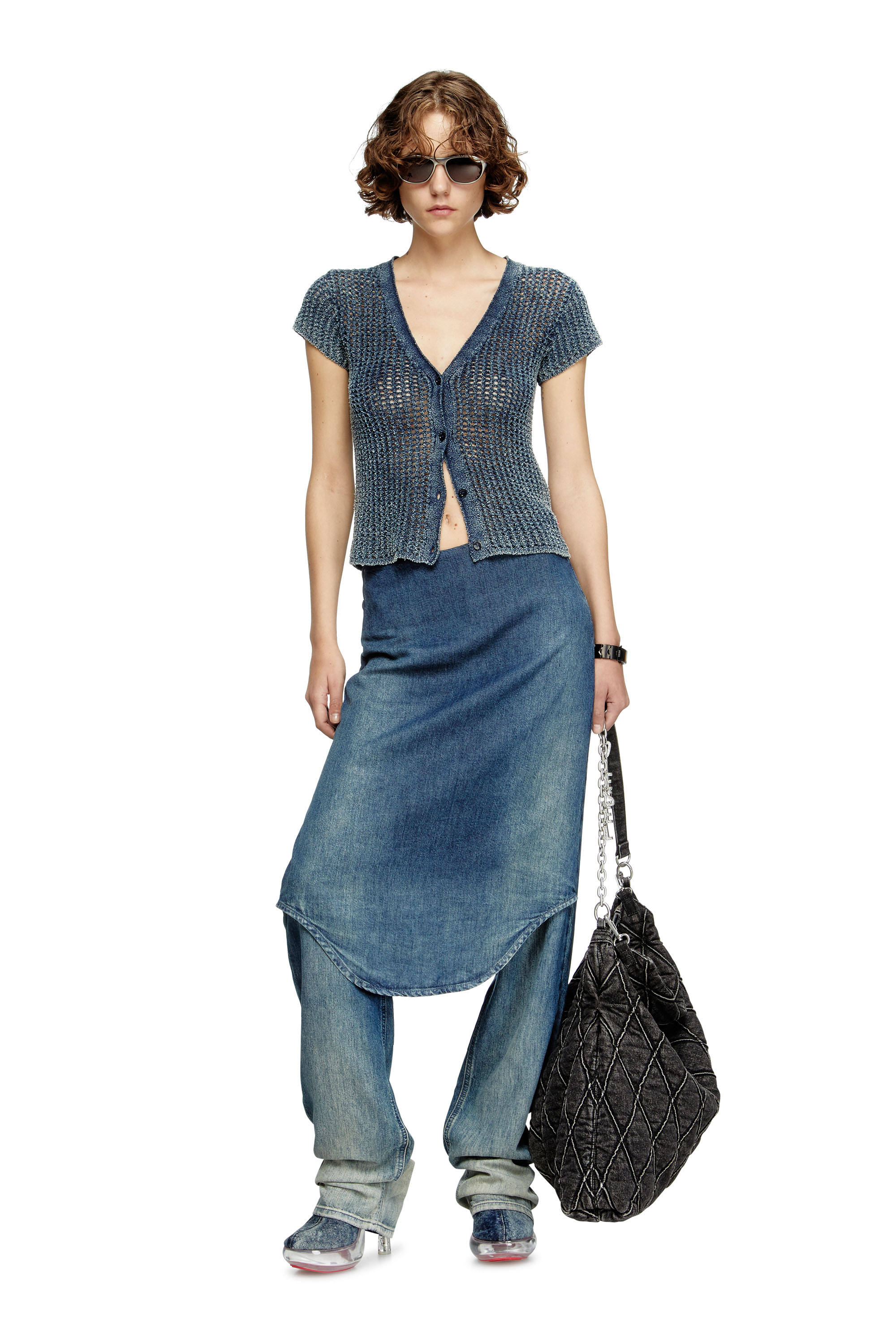 Diesel - M-REZ, Woman's Short-sleeve cardigan in denim mesh knit in Medium blue - 1