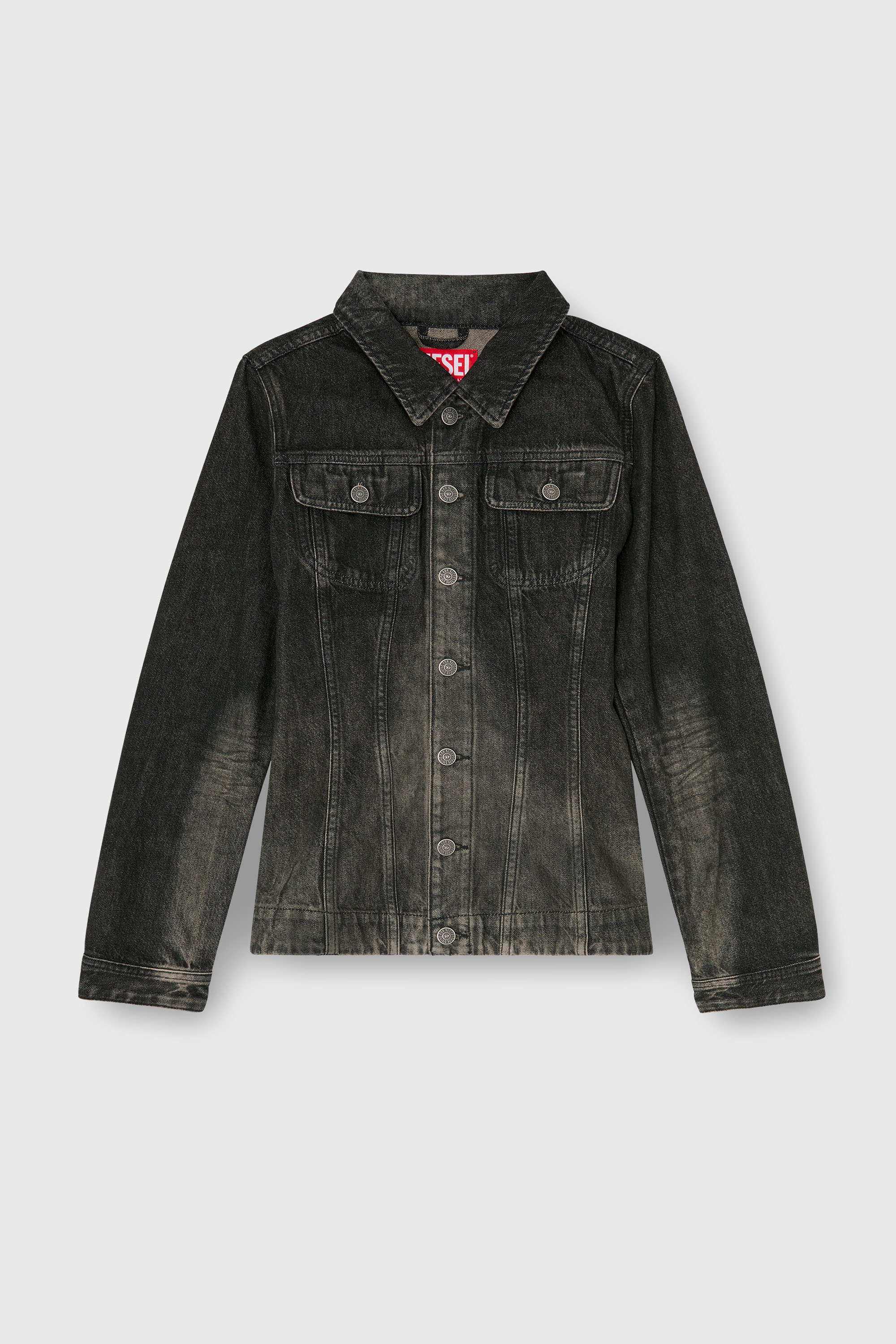 Diesel - DE-KATERIN-FSJ, Woman's Fitted trucker jacket in dirty-effect denim in Black - 2