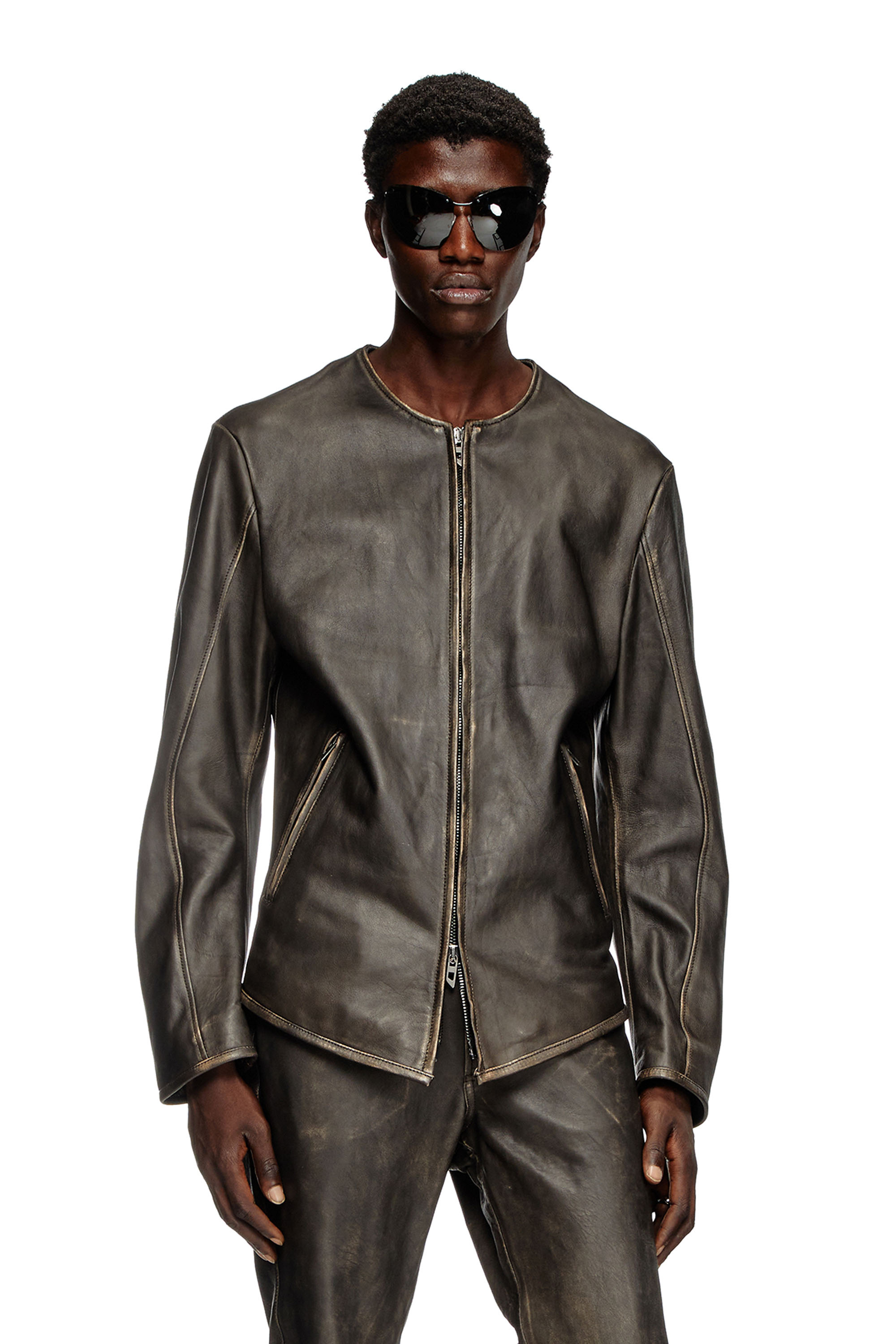 Leather jacket mandarin collar hotsell