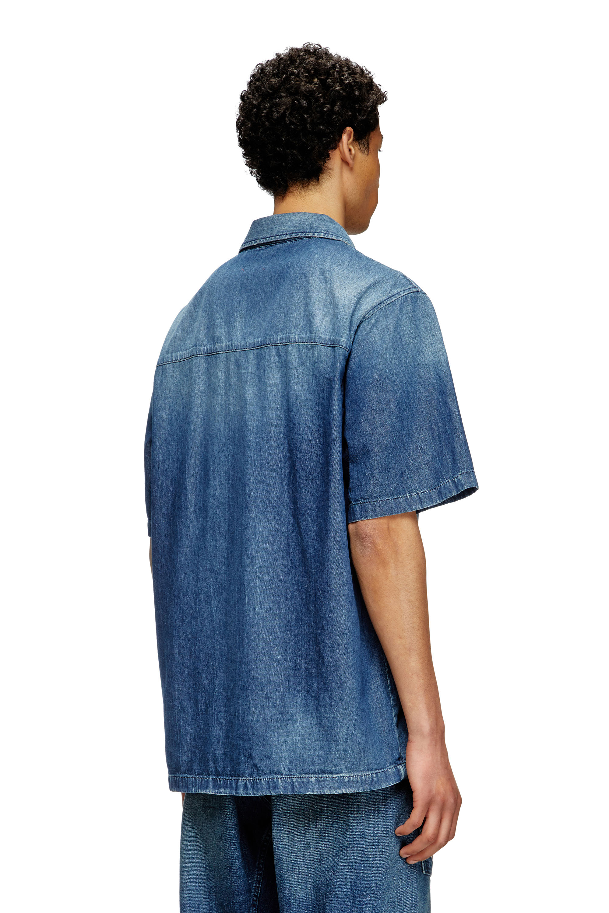 Diesel - D-NABIL-D, Man's Bowling shirt in contrast-effect denim in Medium blue - 4