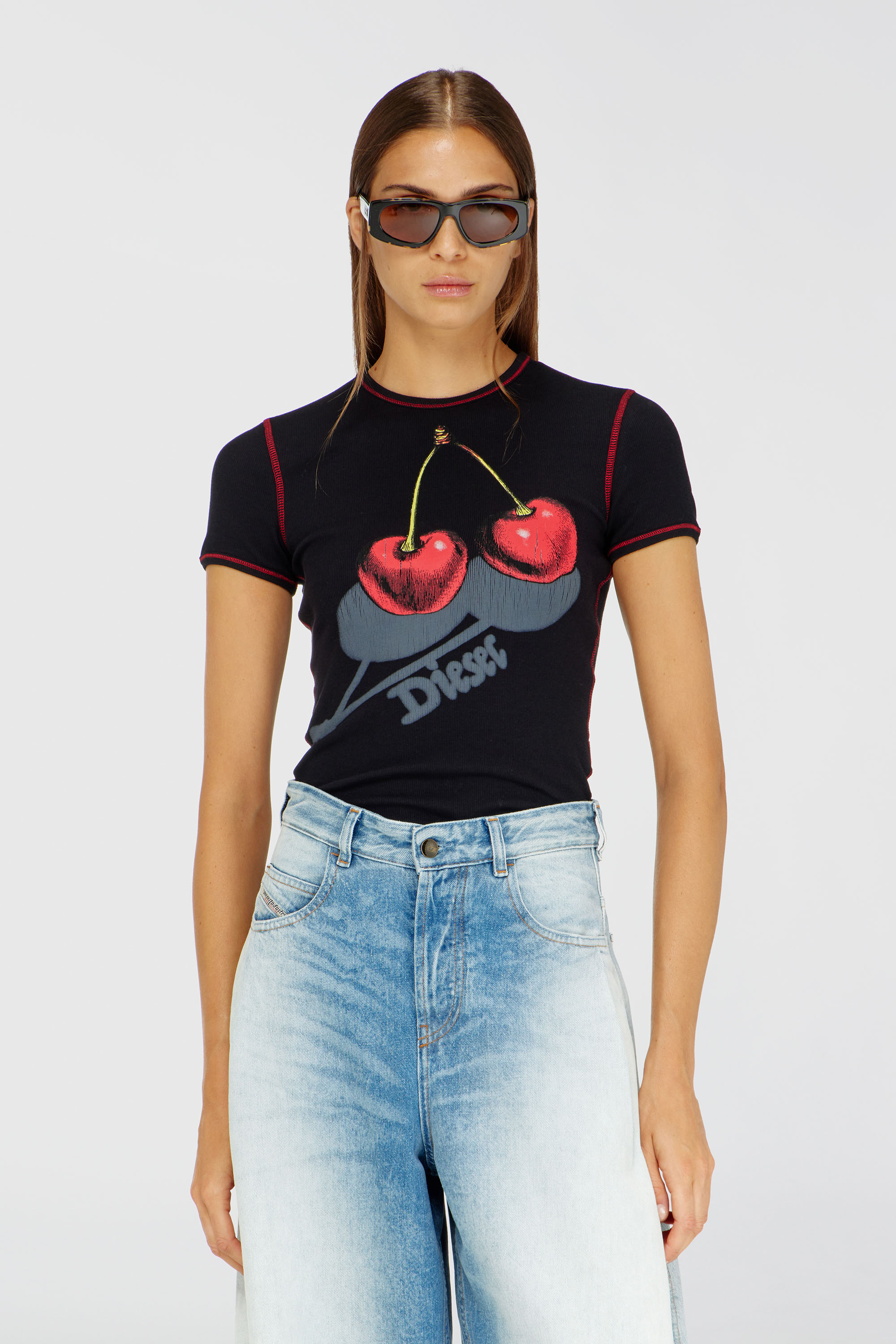 Diesel - SV-T-ELE-CHER, Woman's Slim cotton T-shirt with cherry print in Black - 1