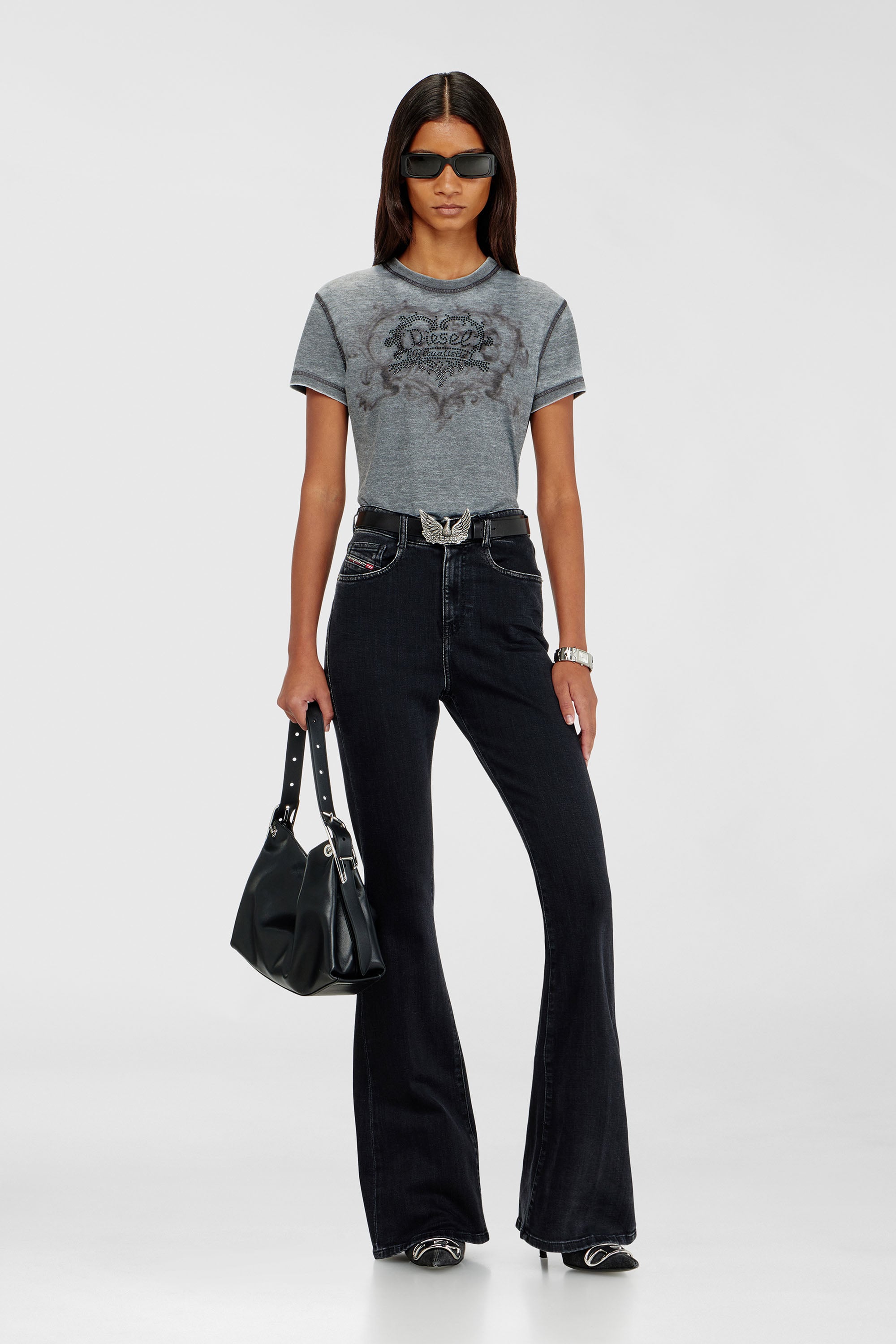 Diesel - T-ILA-AA1, Woman's Jersey t-shirt with rhinestones and burnout effect in Grey - 1