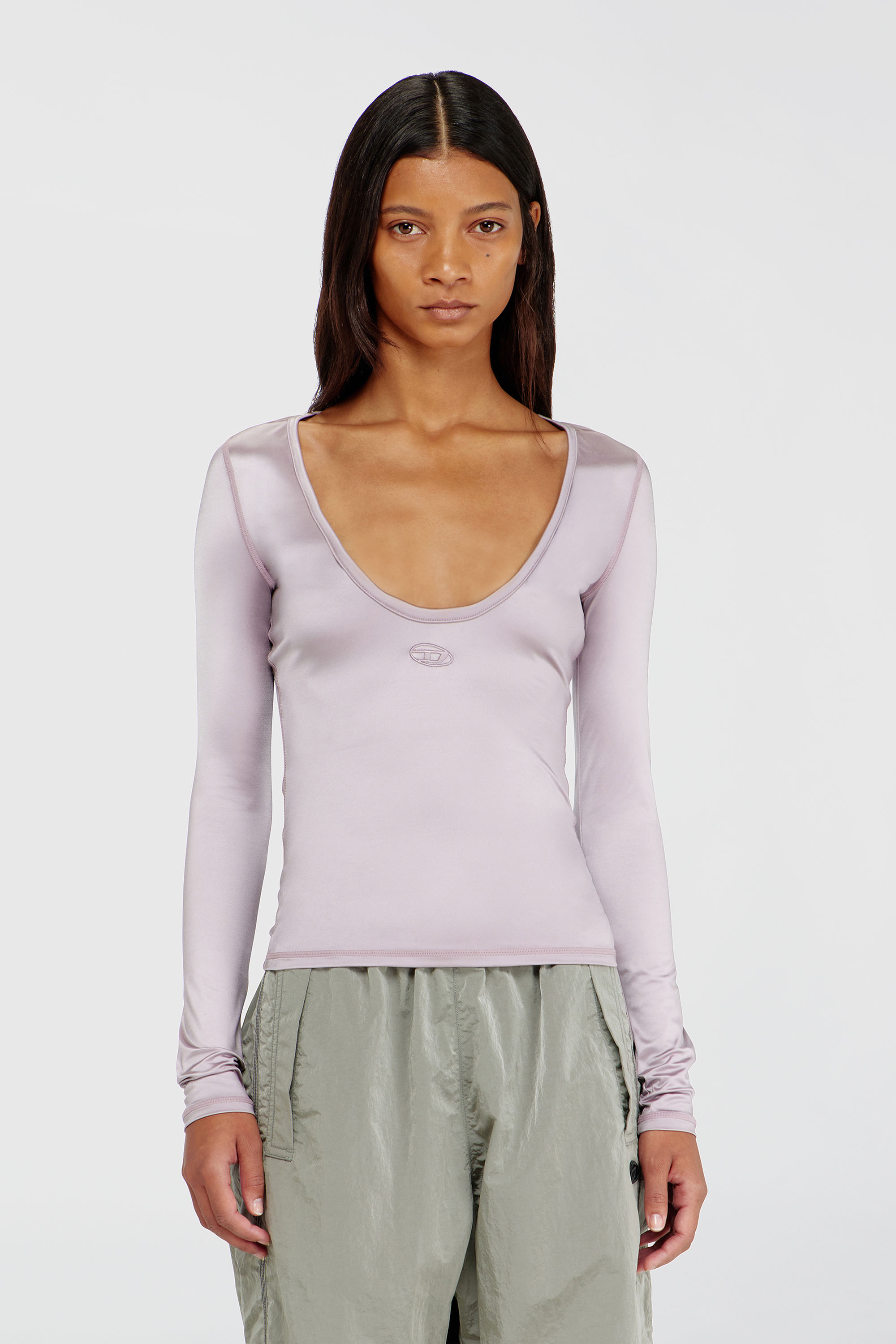 Diesel - T-ELPHIN-LS, Woman's Nylon slim top scoop neck with Logo Oval D embroidery in Lilac - 1