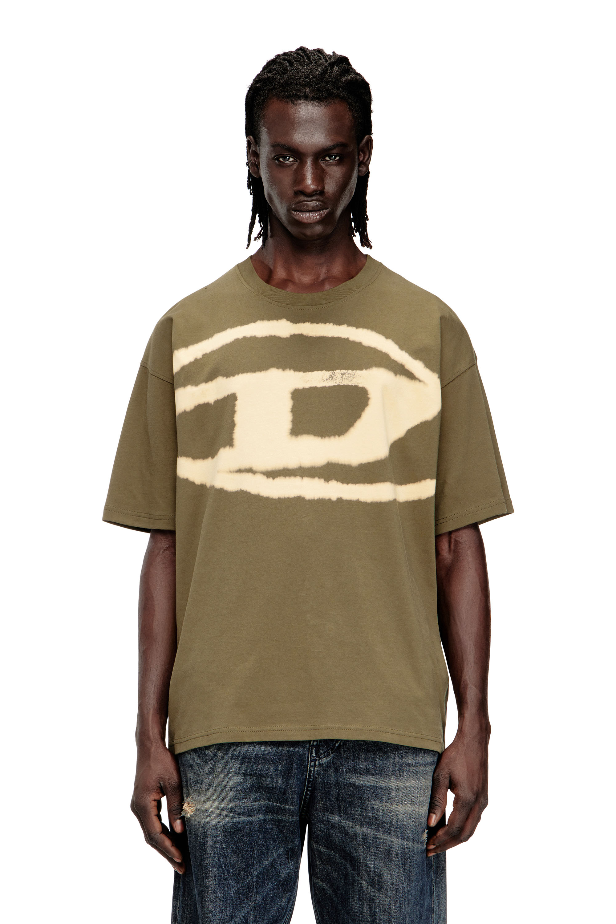 Diesel - T-BOXT-BLEACH, Man's T-shirt with bleached Oval D logo in Military Green - 3