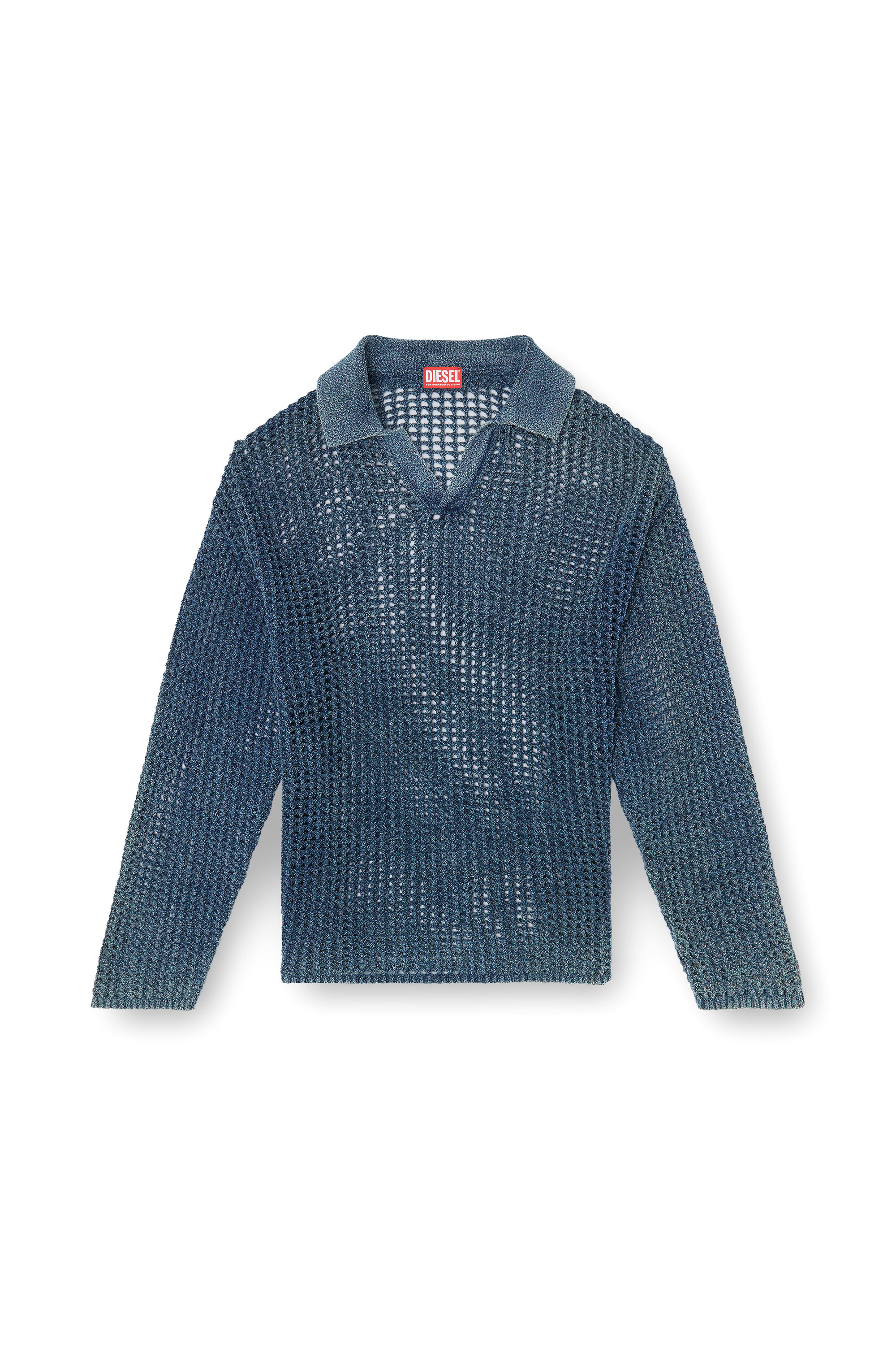 Diesel - K-SQUARED, Man's Open-knit polo jumper in denim yarn in Blue - 2