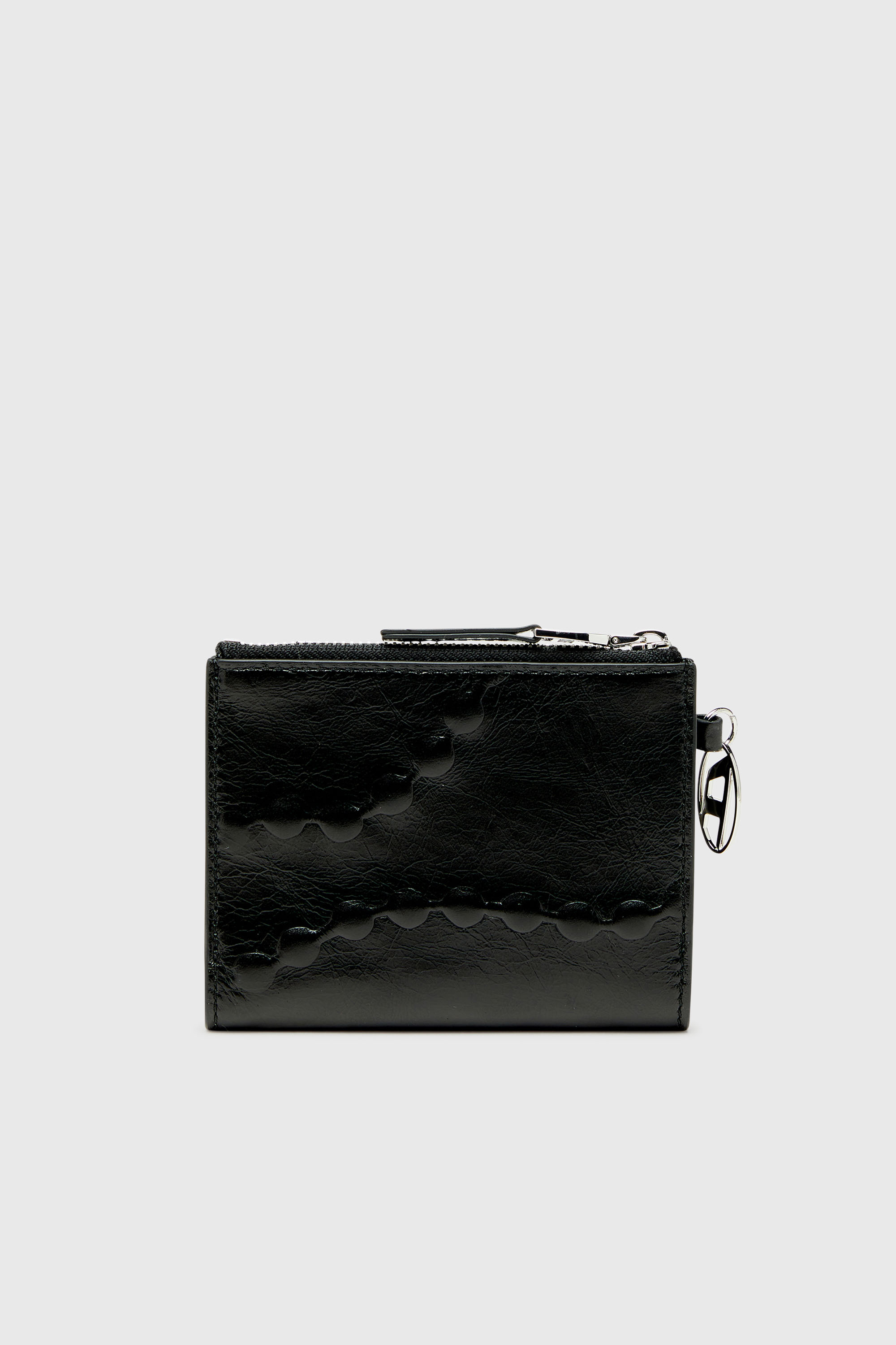 Diesel - OVAL-D BI FOLD ZIP II, Woman's Leather bi-fold wallet with embossed chain motif in Black - 2