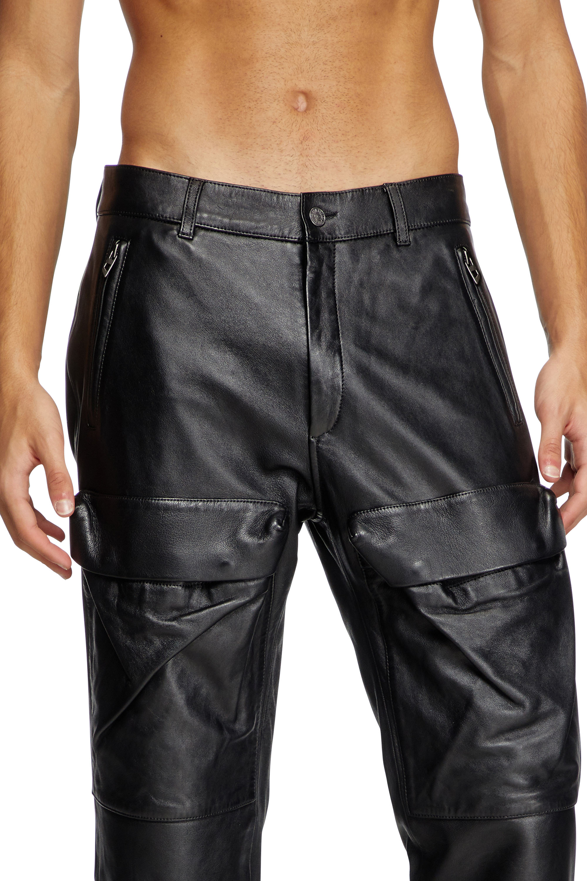 Diesel - P-GAST, Man's Leather pants with utility pockets in Black - 5