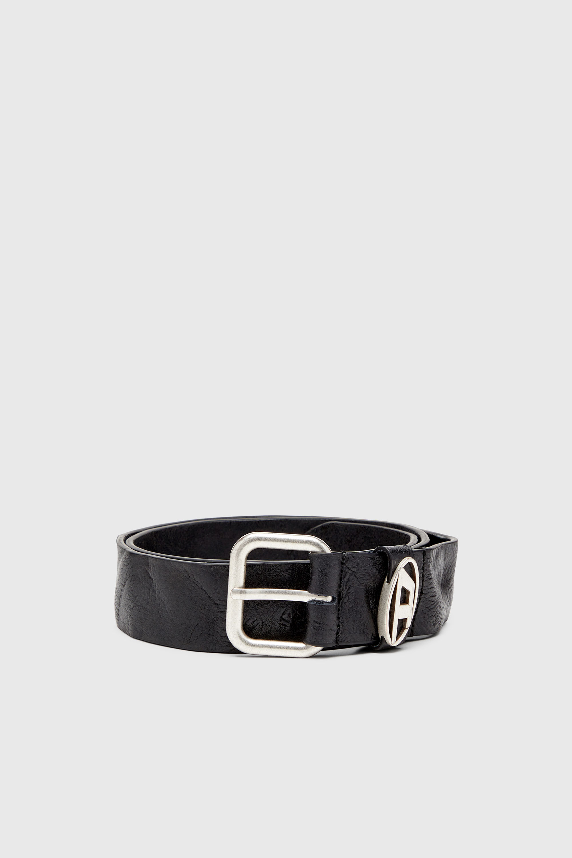 Diesel - B-1DR OVAL D LOOP, Unisex's 3.9cm logo-plaque wrinkled leather belt in Black - 1