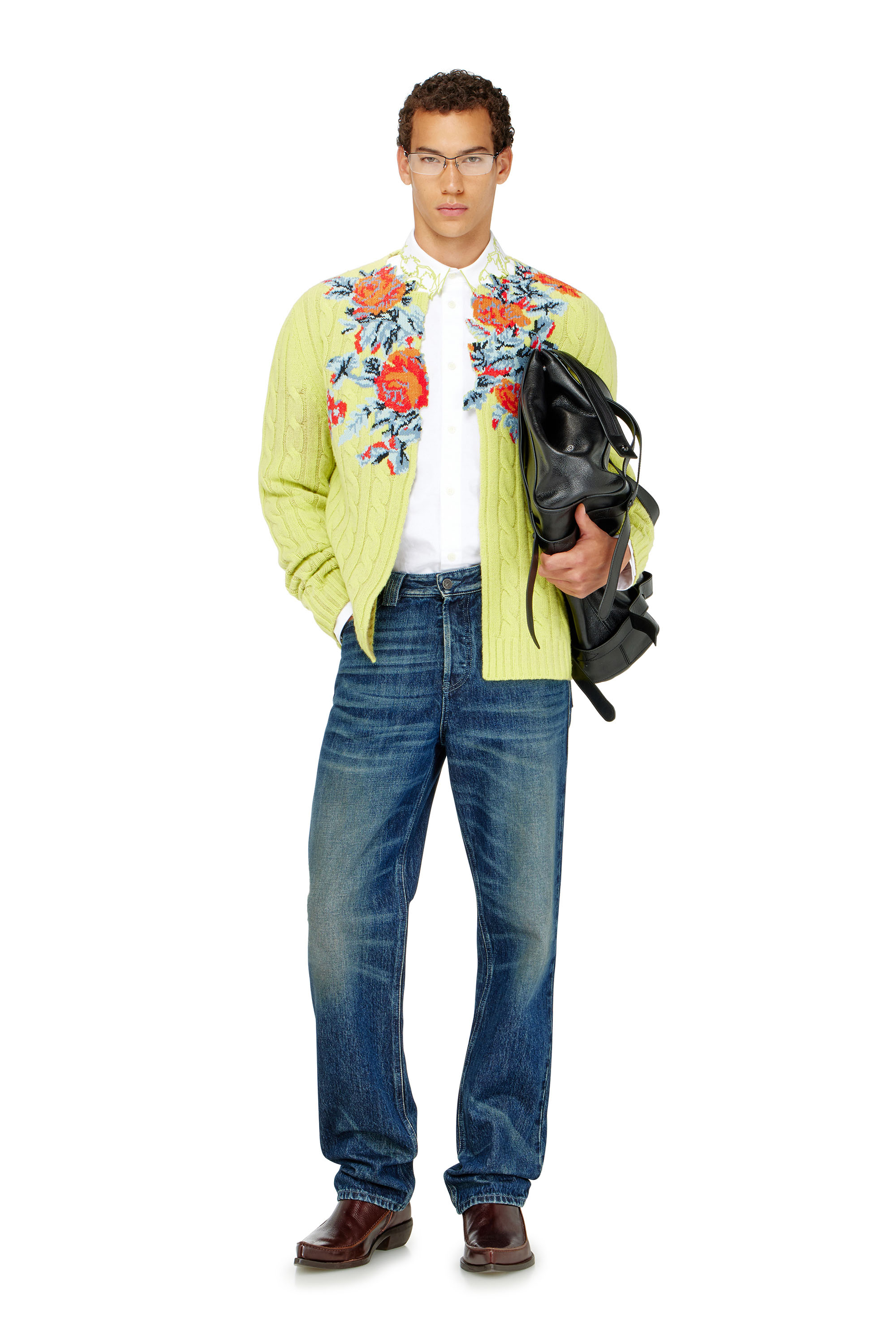 Diesel - K-RINO, Man's Open-front cardigan in floral cable knit in null - 1