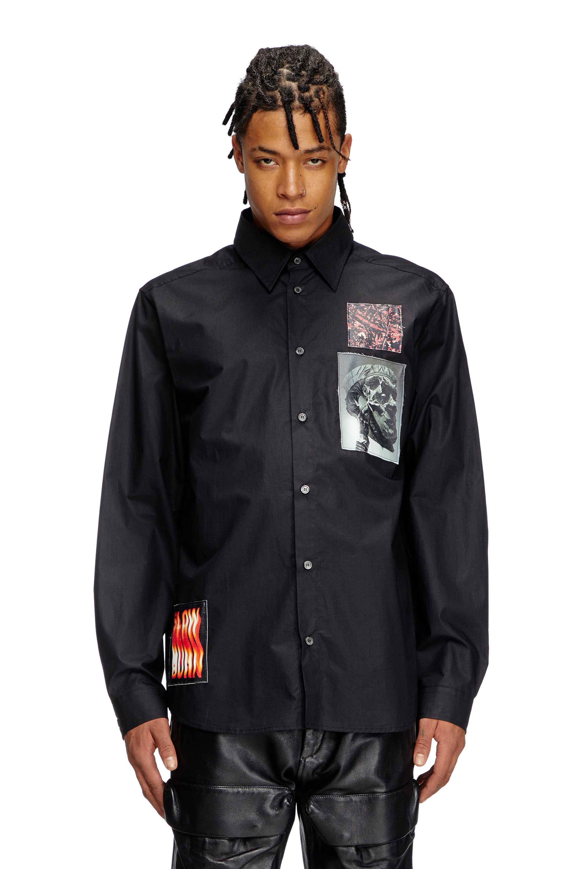 Diesel - S-HARVEY, Man's Cotton poplin shirt with patches in Black - 1