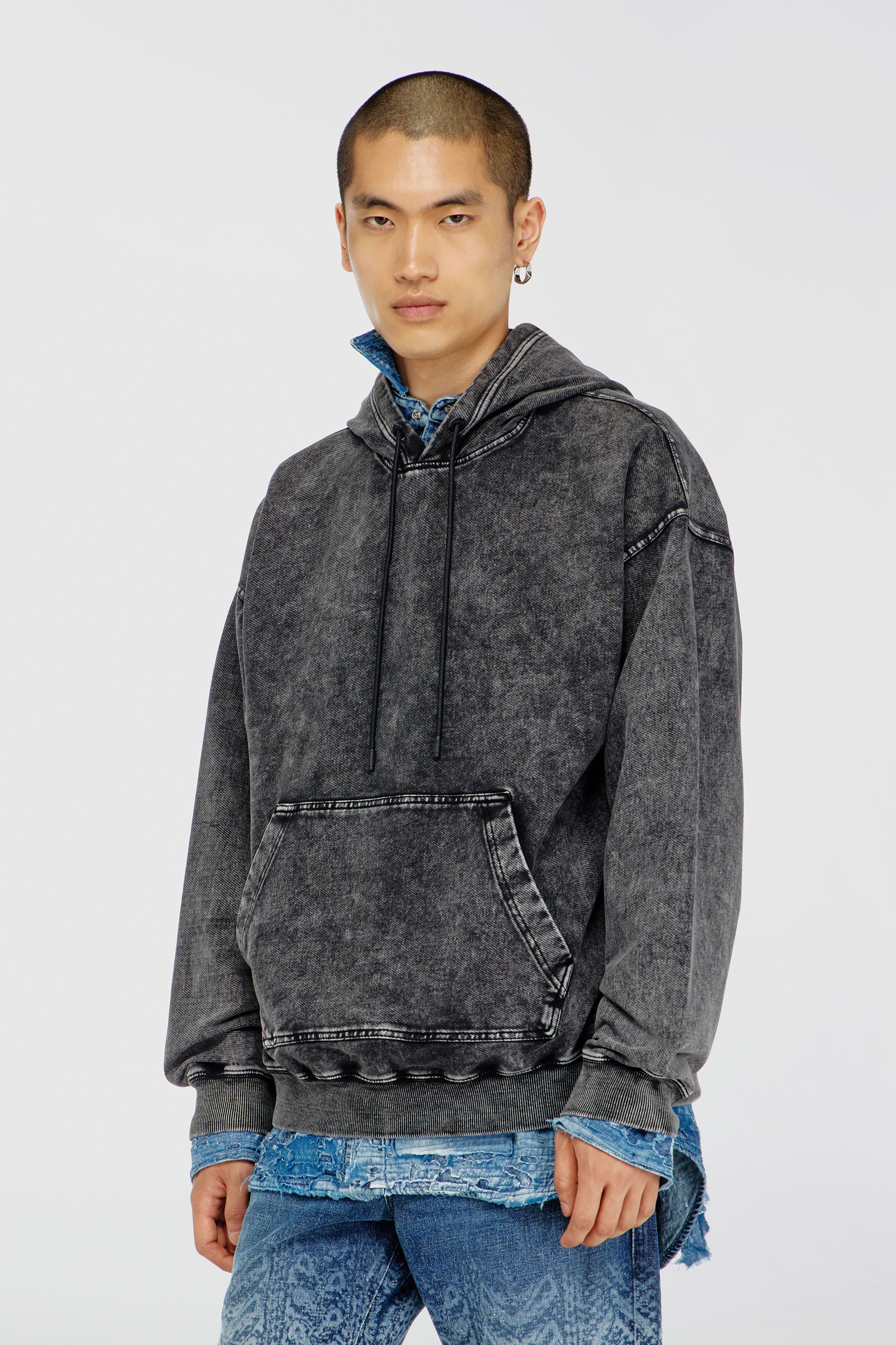 Diesel - S-BOXT-HOOD-TUK, Man's Treated denim-effect hoodie in Dark grey - 1