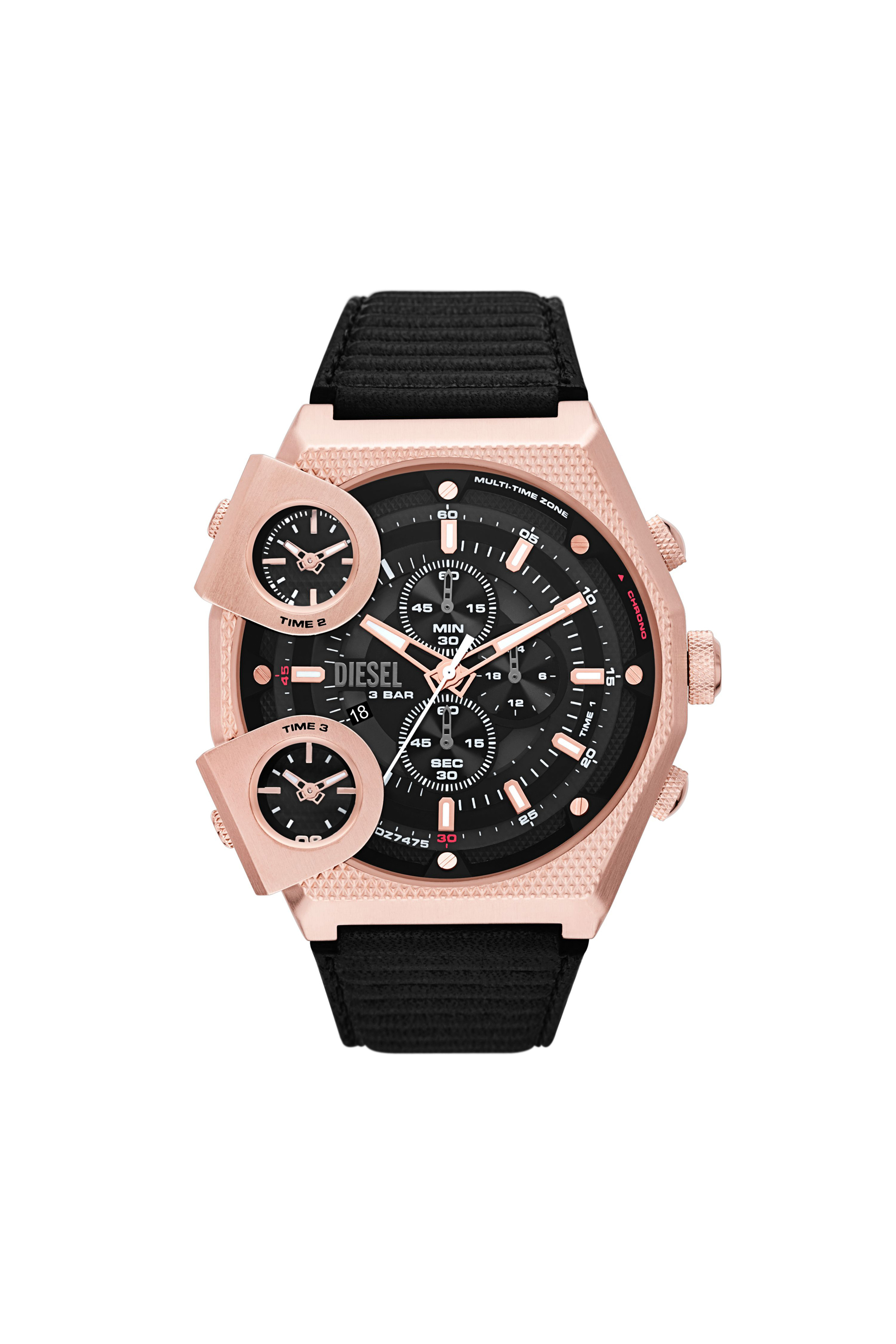 Diesel - DZ7475, Man's Sideshow Black Leather Watch in Black/Pink - 1