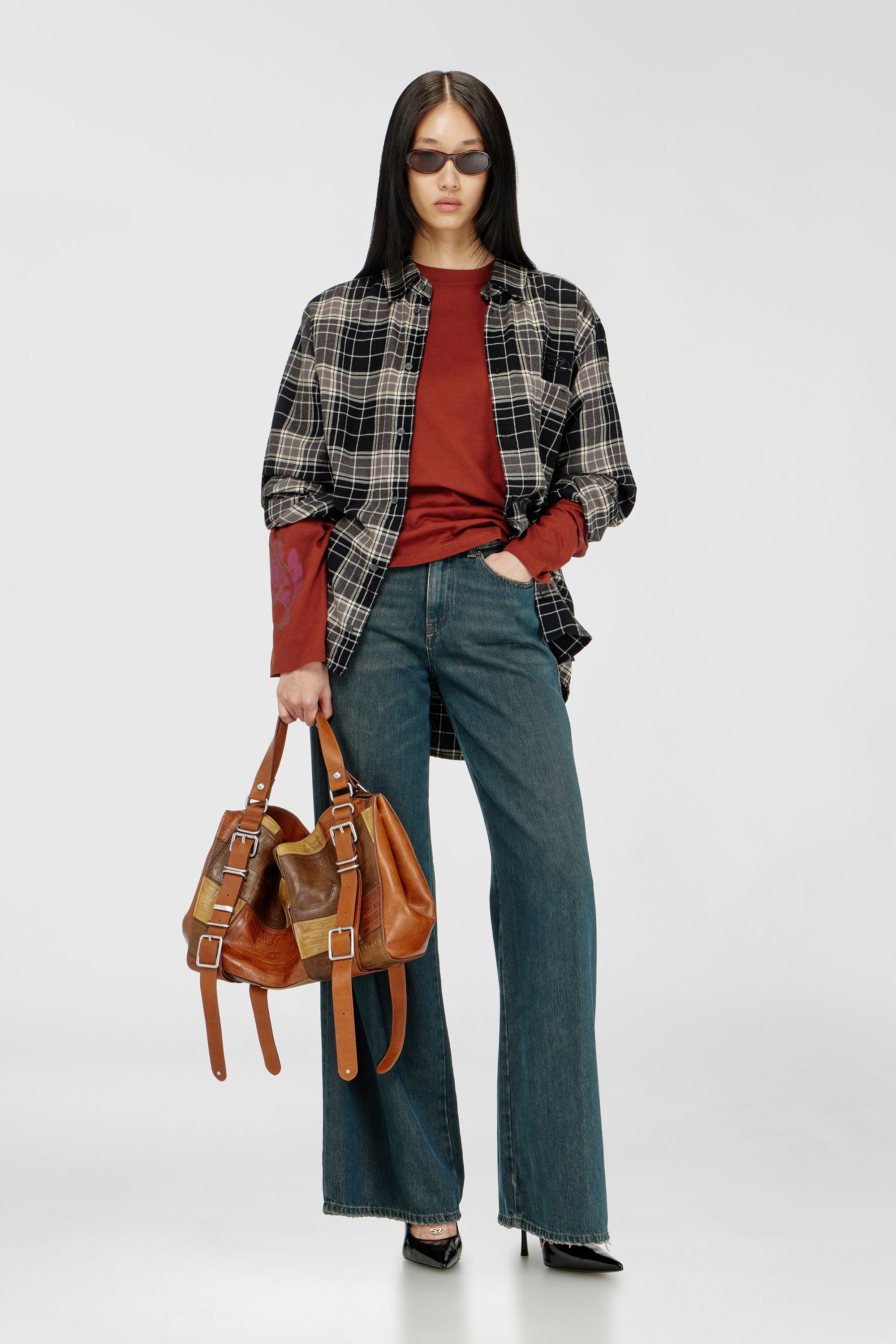 Diesel - D-ONE TOPHANDLE M, Unisex's D-One-Medium top-handle bag in patchwork leather in Brown - 3