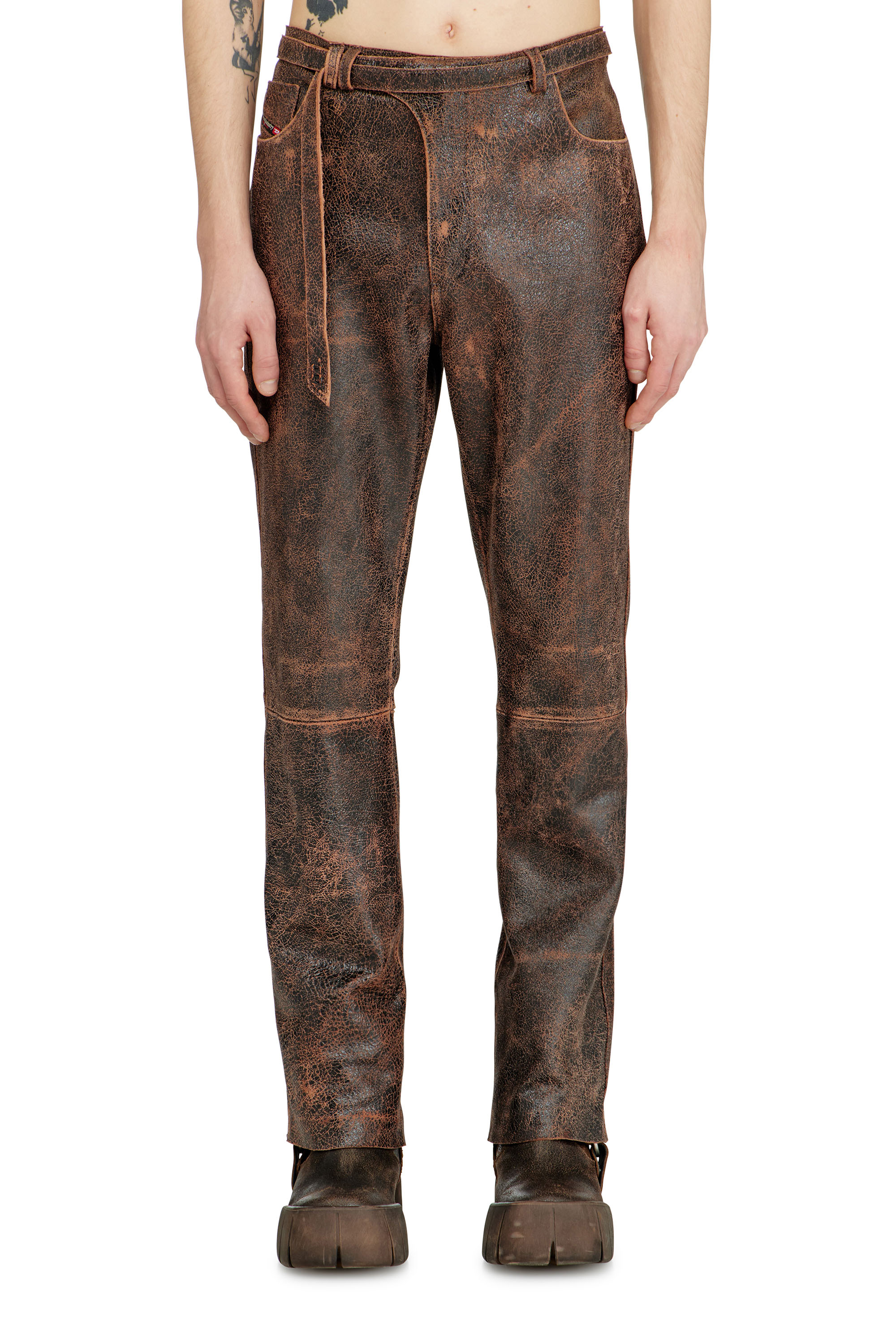 Diesel - P-NURI, Man's Cracked-leather pants with biker strap detail in Brown - 3