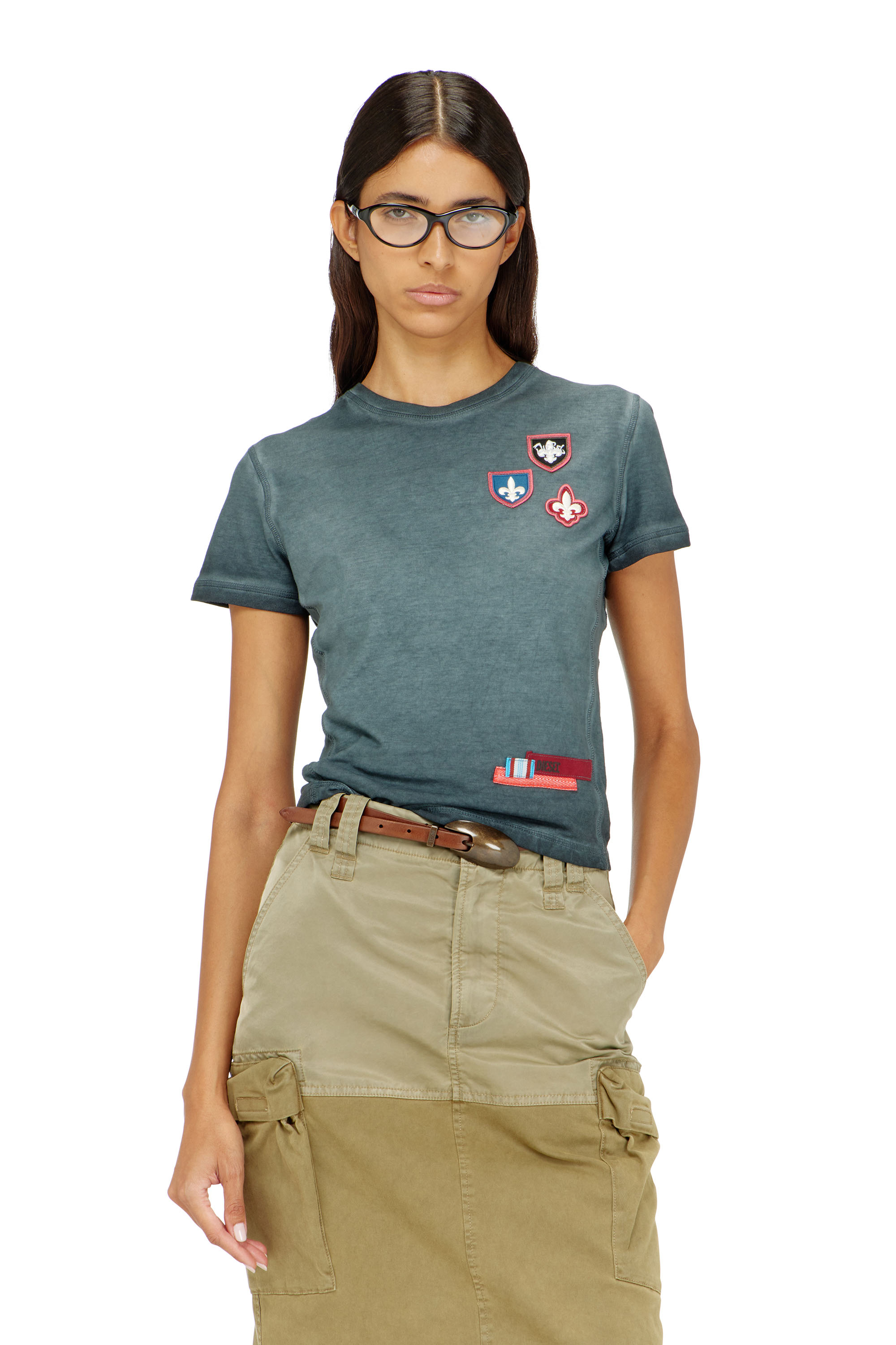 Diesel - T-UNCUTY-WAF, Woman's T-shirt with patches and microwaffle sides in Blue - 1