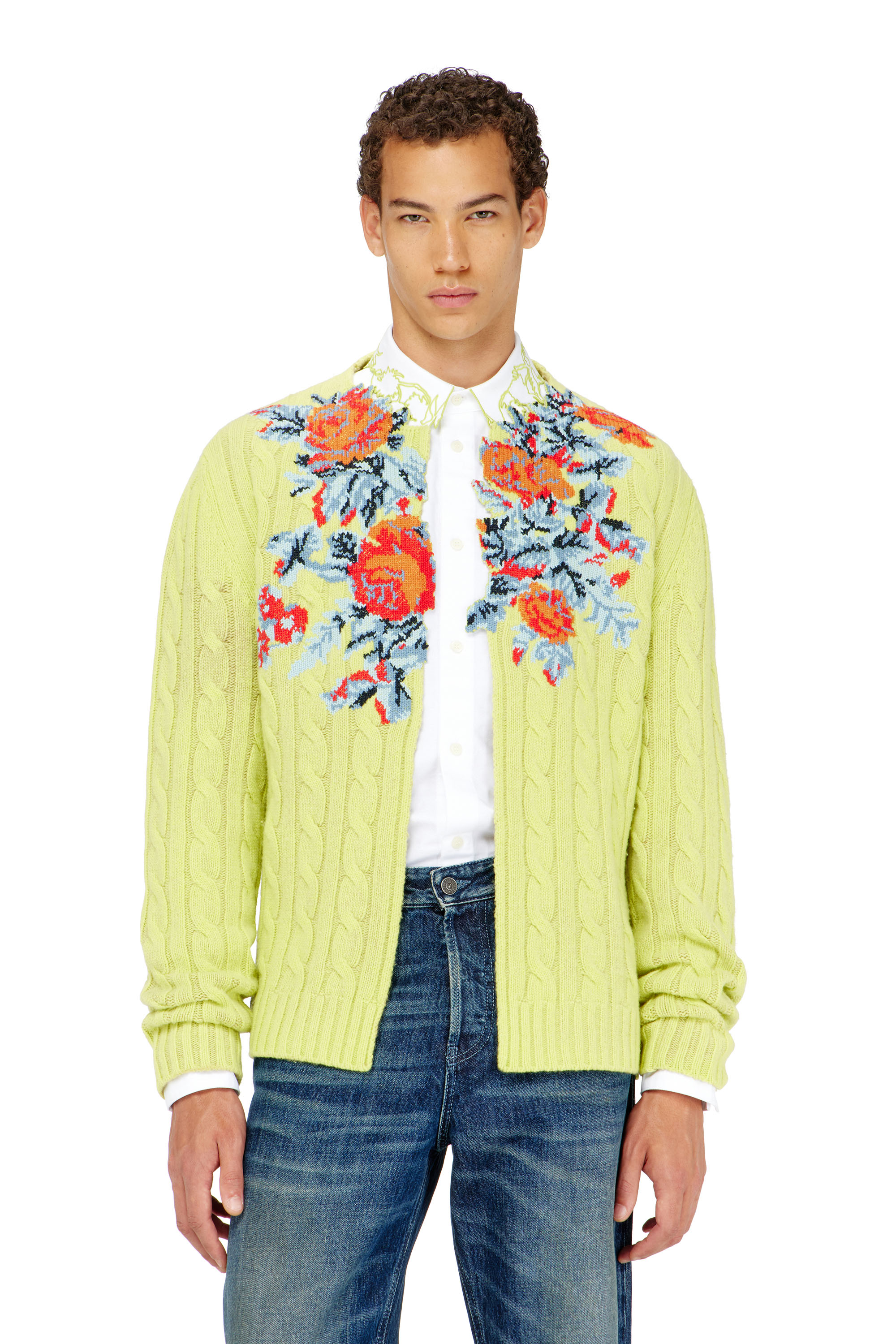 Diesel - K-RINO, Man's Open-front cardigan in floral cable knit in null - 1