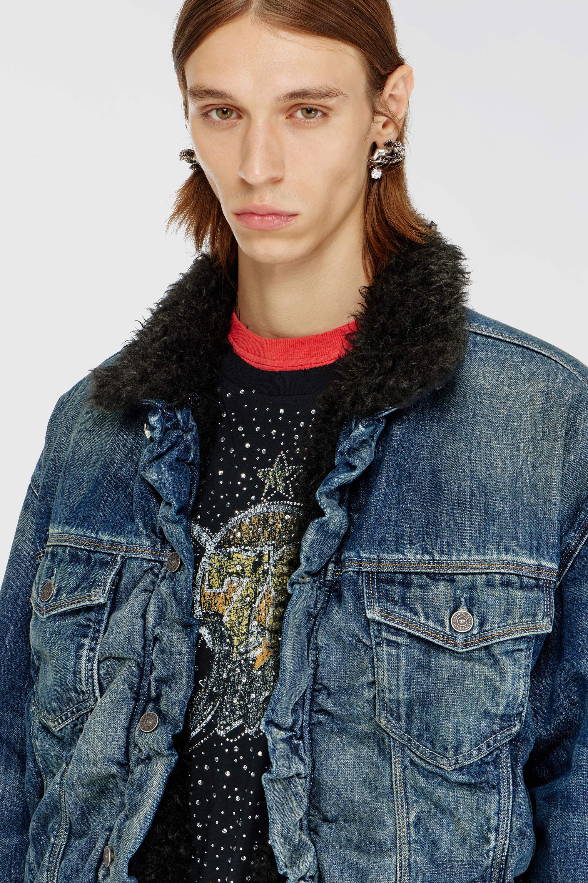 Diesel - D-CURLY-FSJ1, Unisex's Teddy-lined trucker jacket in denim in Dark Blue - 5