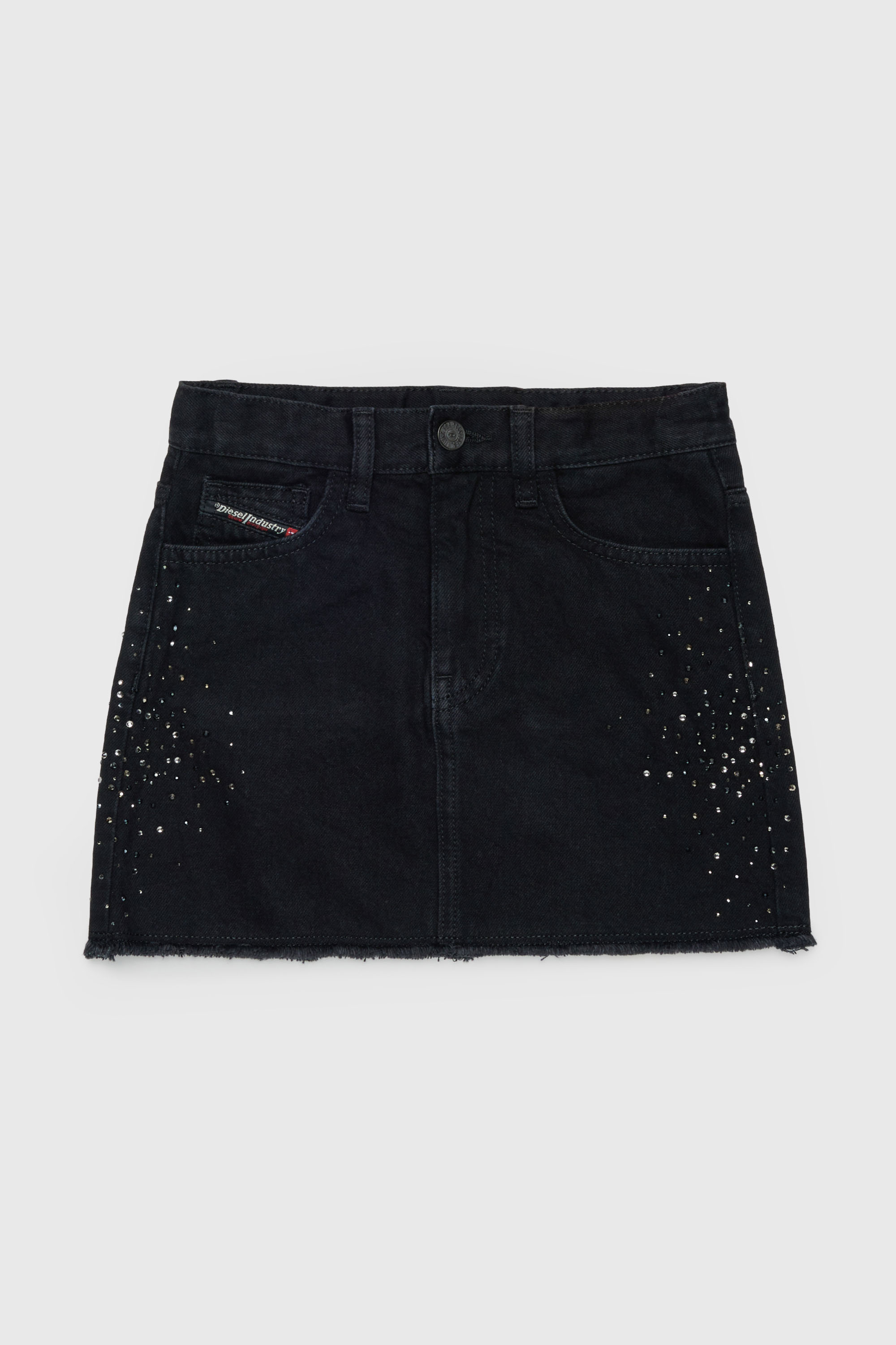 Frayed denim mini skirt with rhinestones