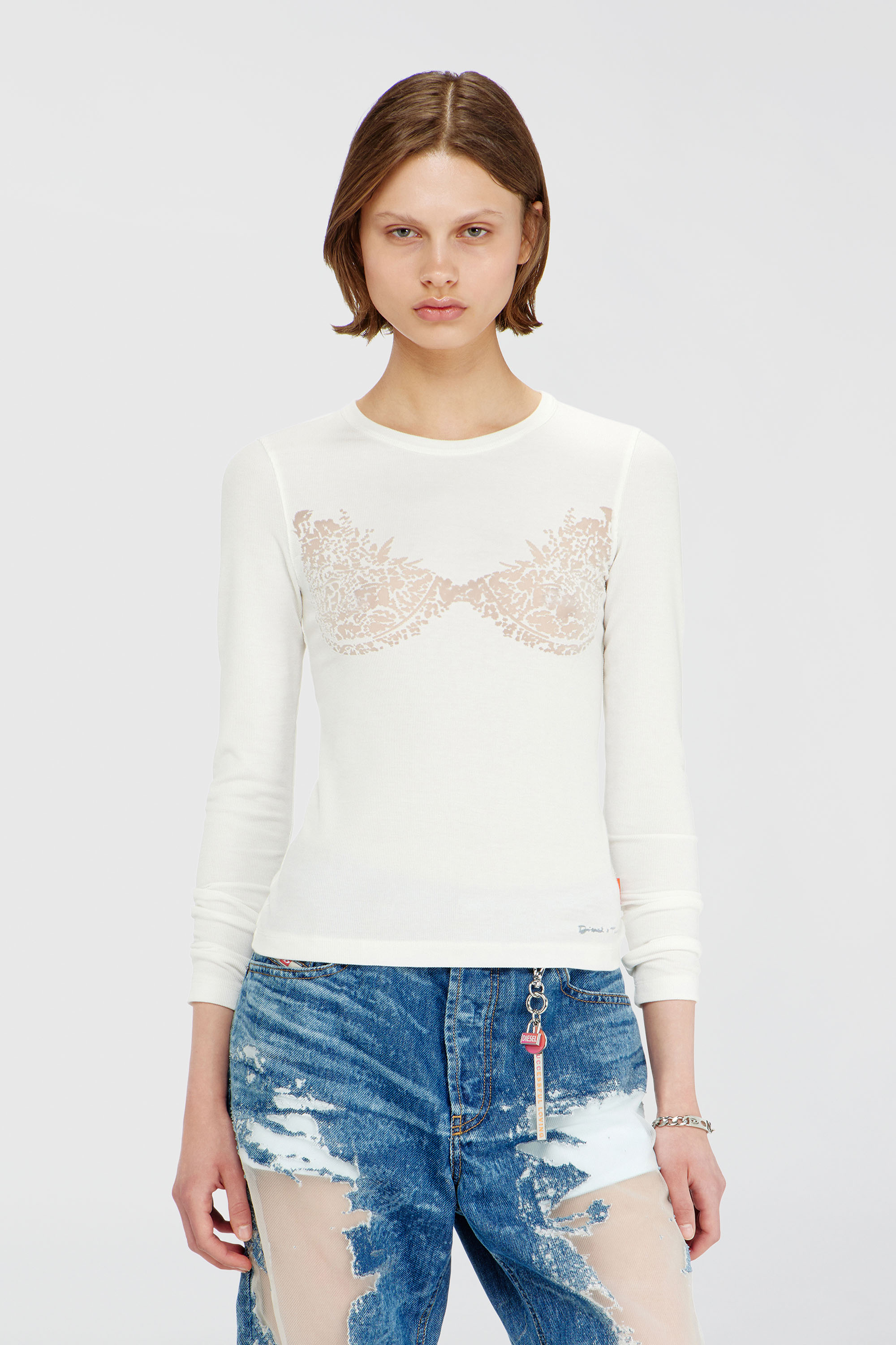 Diesel - PR-T-MOKKI-LS-R, Woman's Top with devor&eacute; lace effect in White - 2