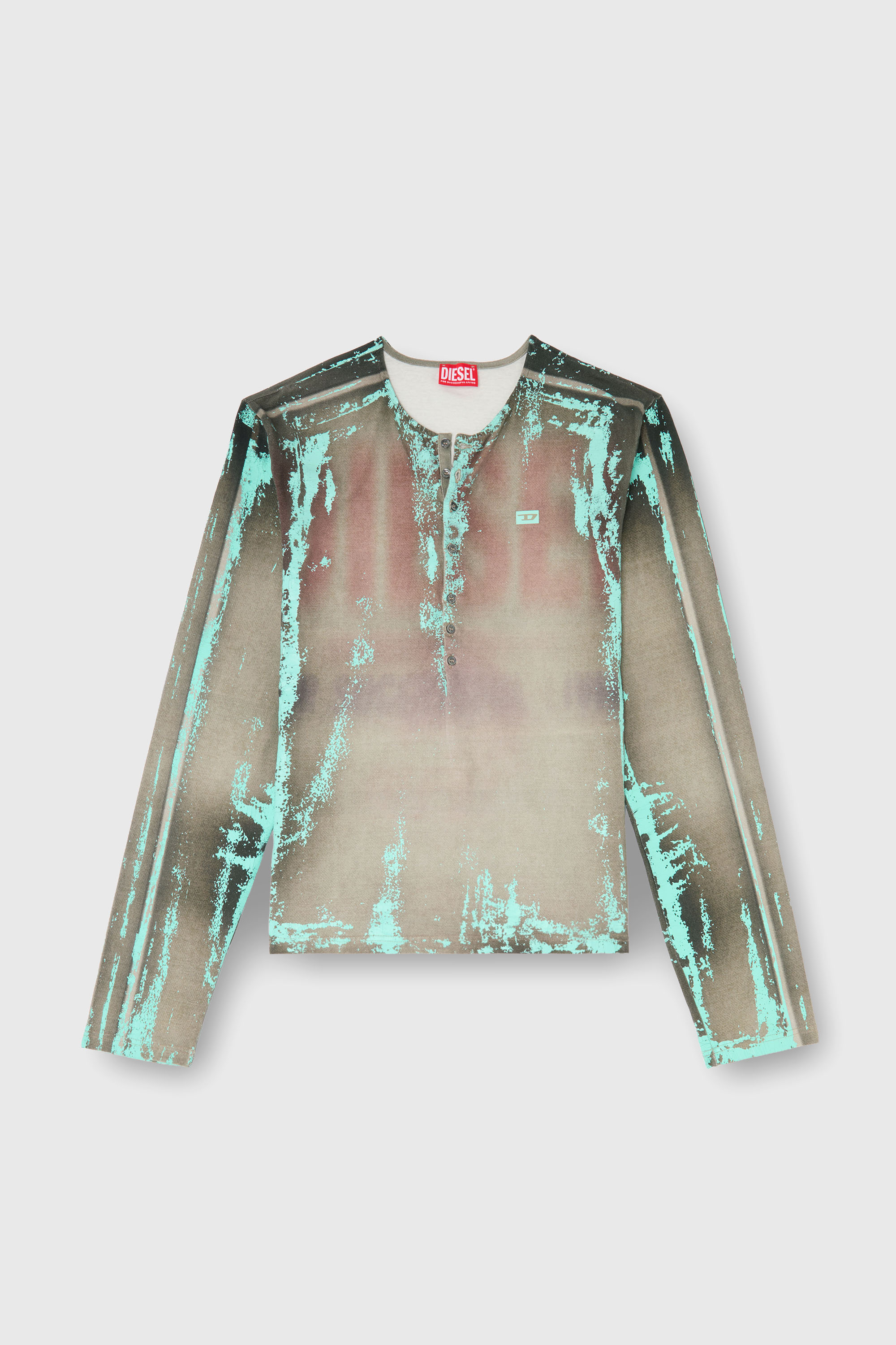 Diesel - T-FYNO-ML, Man's Grandad T-shirt in cracked leather-effect jersey in Grey/Blue - 2