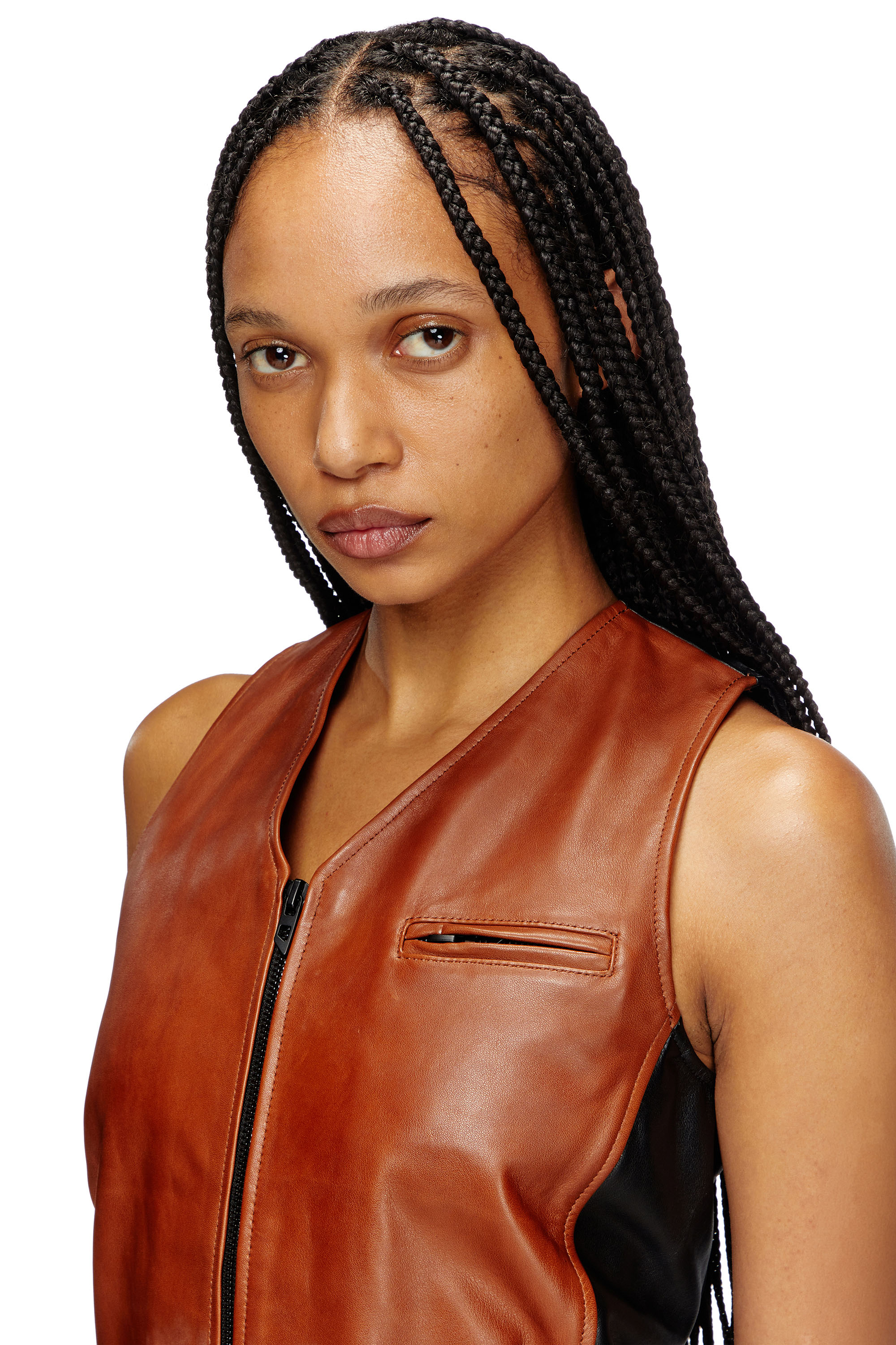 Diesel - L-USTRA, Woman's Cropped colour-block leather vest in Black/Brown - 5